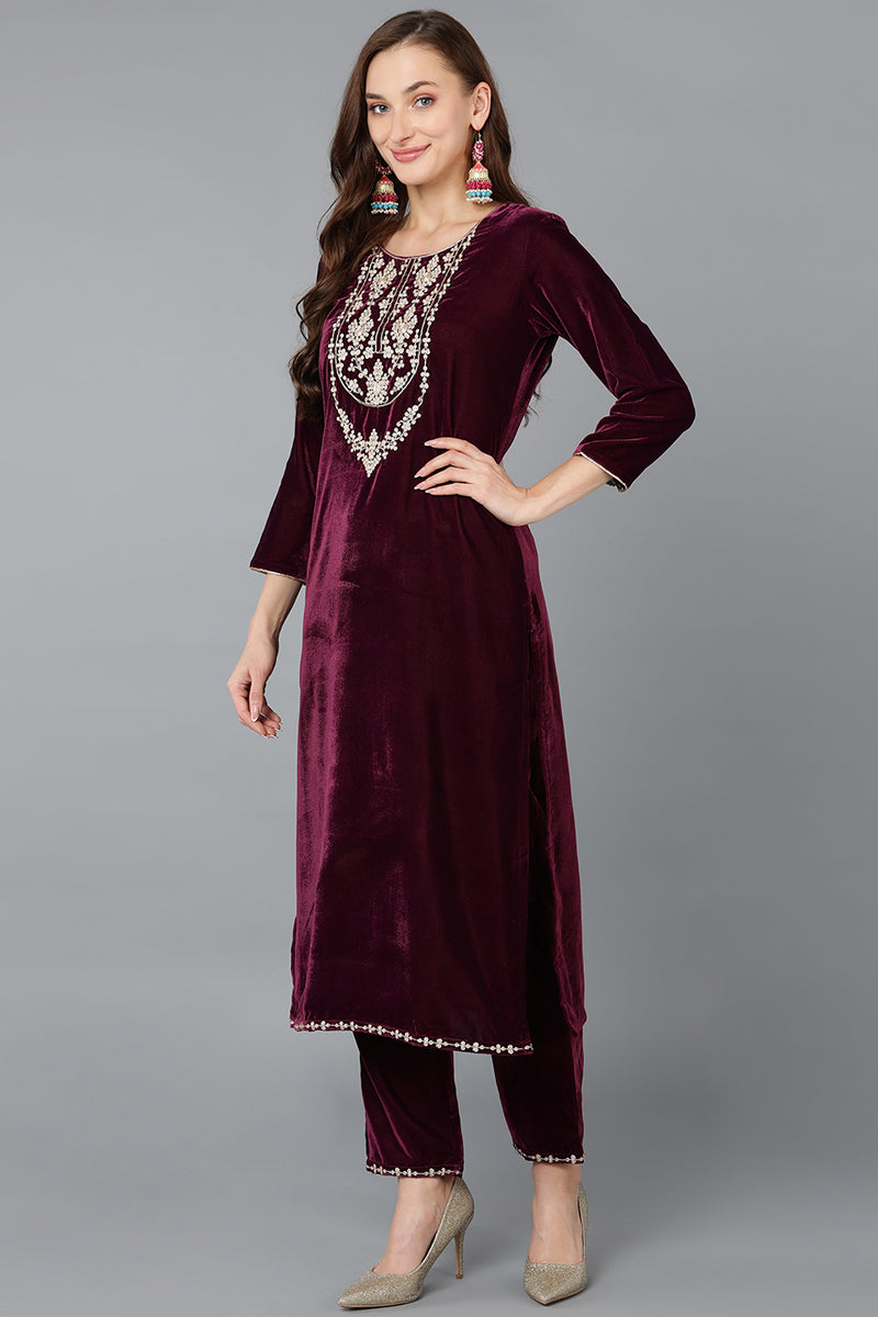 Ahika Burgundy Velvet Straight Kurta Pant With Dupatta PKSKD1766 - view 8