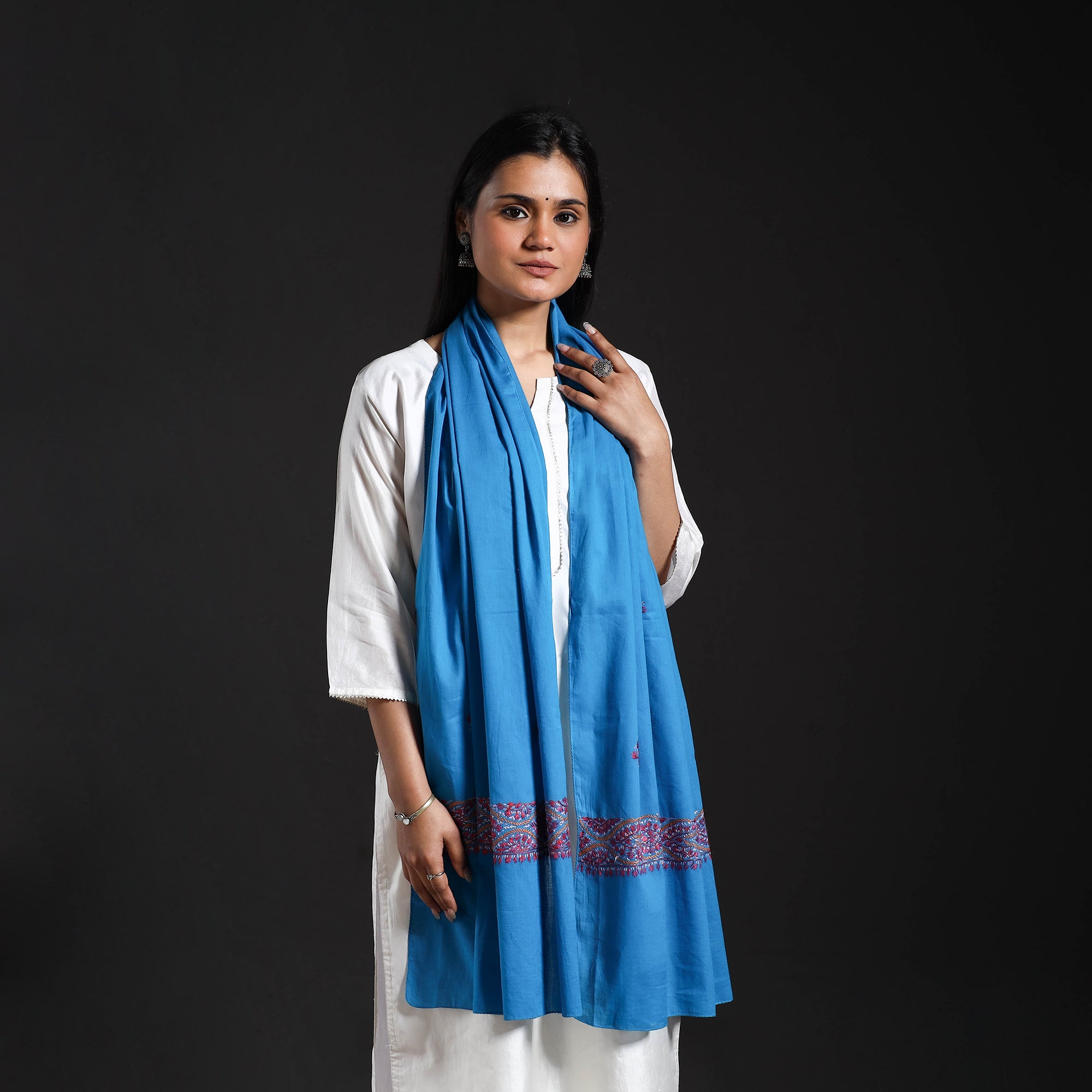 ITOKRI CRAFTS INITIATIVE Blue - Cotton Kashida Embroidery Stole 02