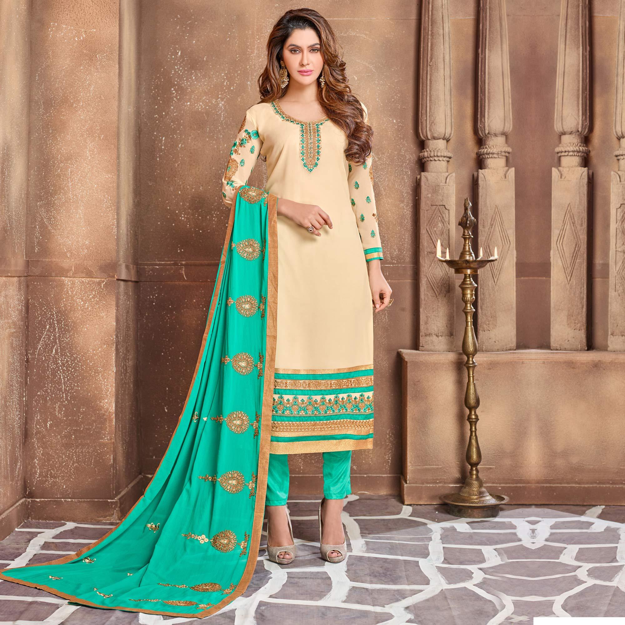 Peachmode Mesmerising Beige Colored Partywear Embroidered Georgette Suit