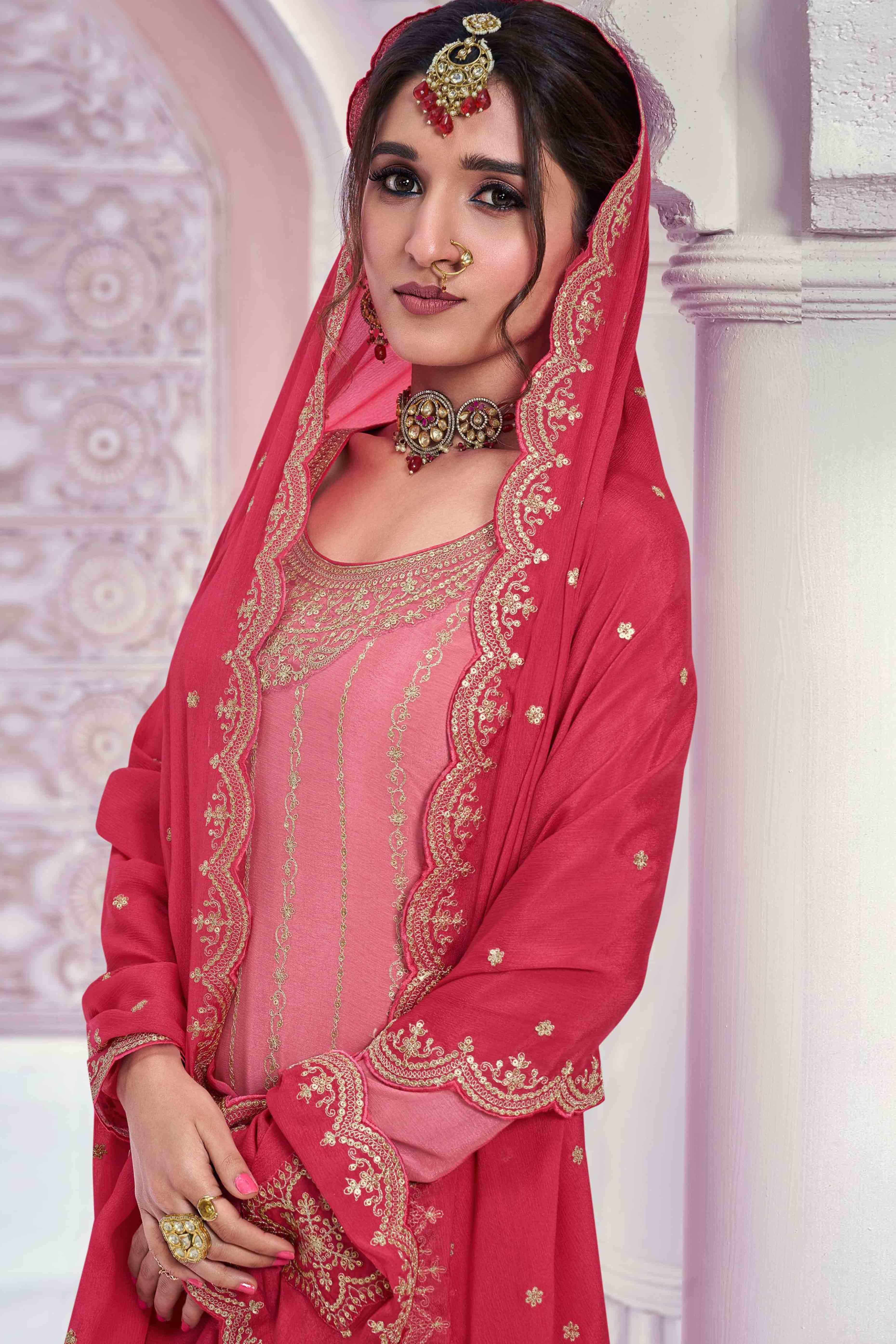 Peachmode Seller Gajari Pink Sequins Embroidered Chinon Sharara Suit - view 3