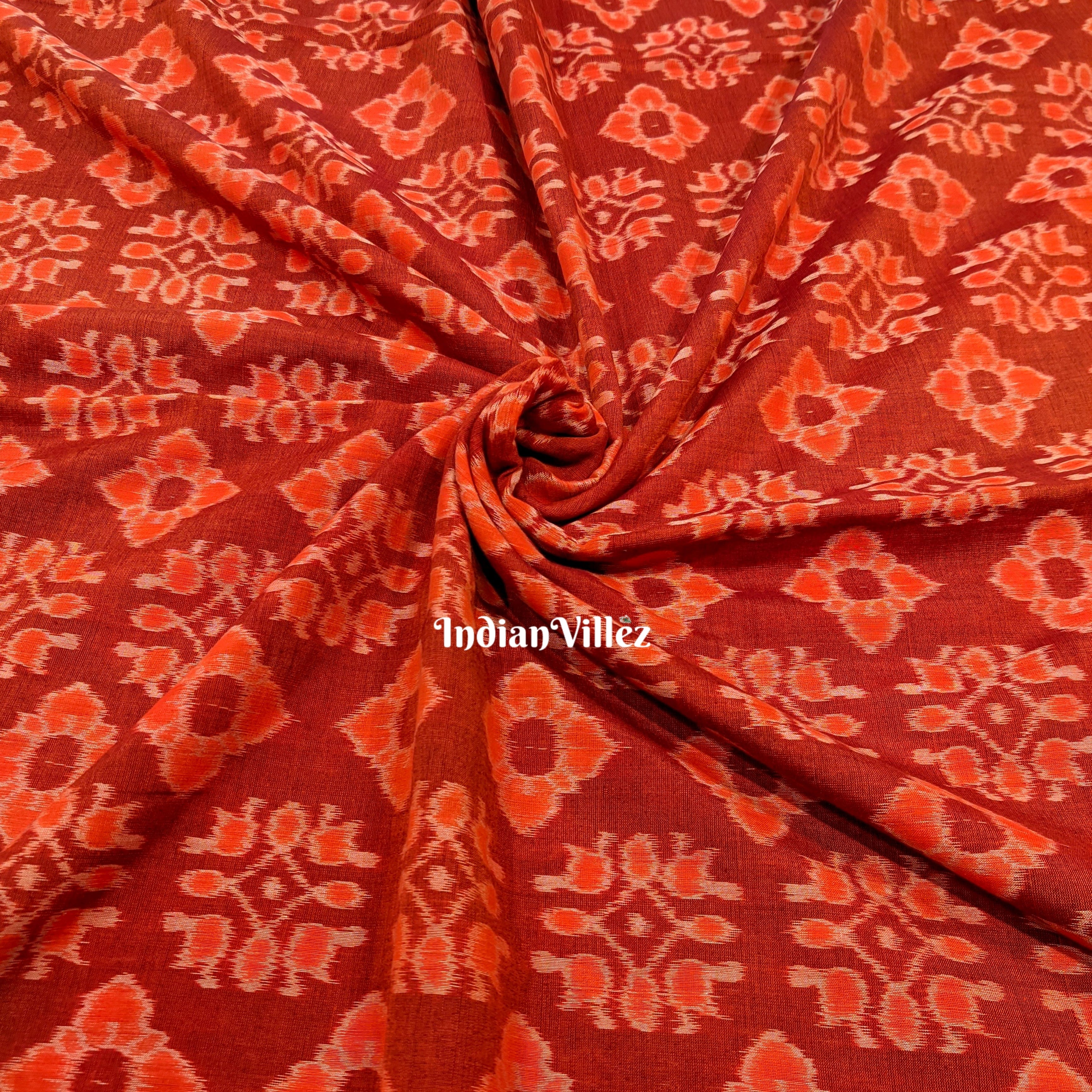 IndianVillèz Dark Orange Flowers Odisha Handloom Cotton Ikat Fabric