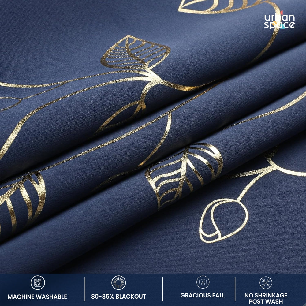 Urban Space -Home Furnishing Store Gold Foil Printed 80-85% Blackout Curtains - Pack of 1 - Leaf- Navy Blue - view 4