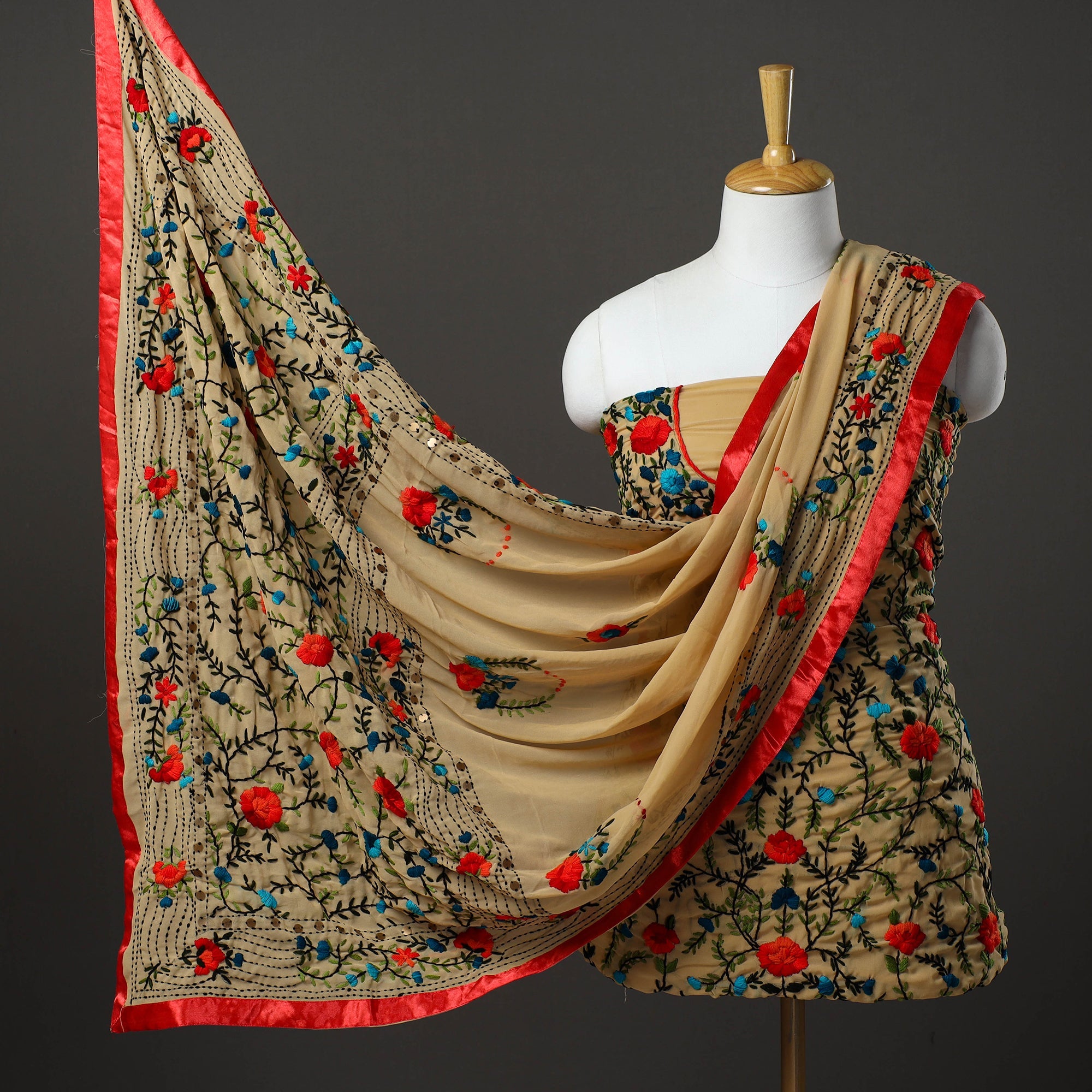 ITOKRI CRAFTS INITIATIVE Brown - 3pc Hand Embroidery Georgette Phulkari Dress Material 47