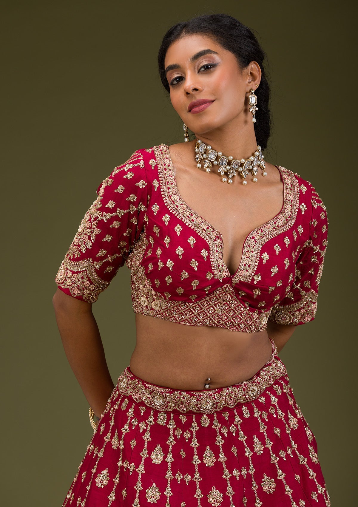 Koskii Rani Pink Zardosi Raw Silk Readymade Lehenga - view 2