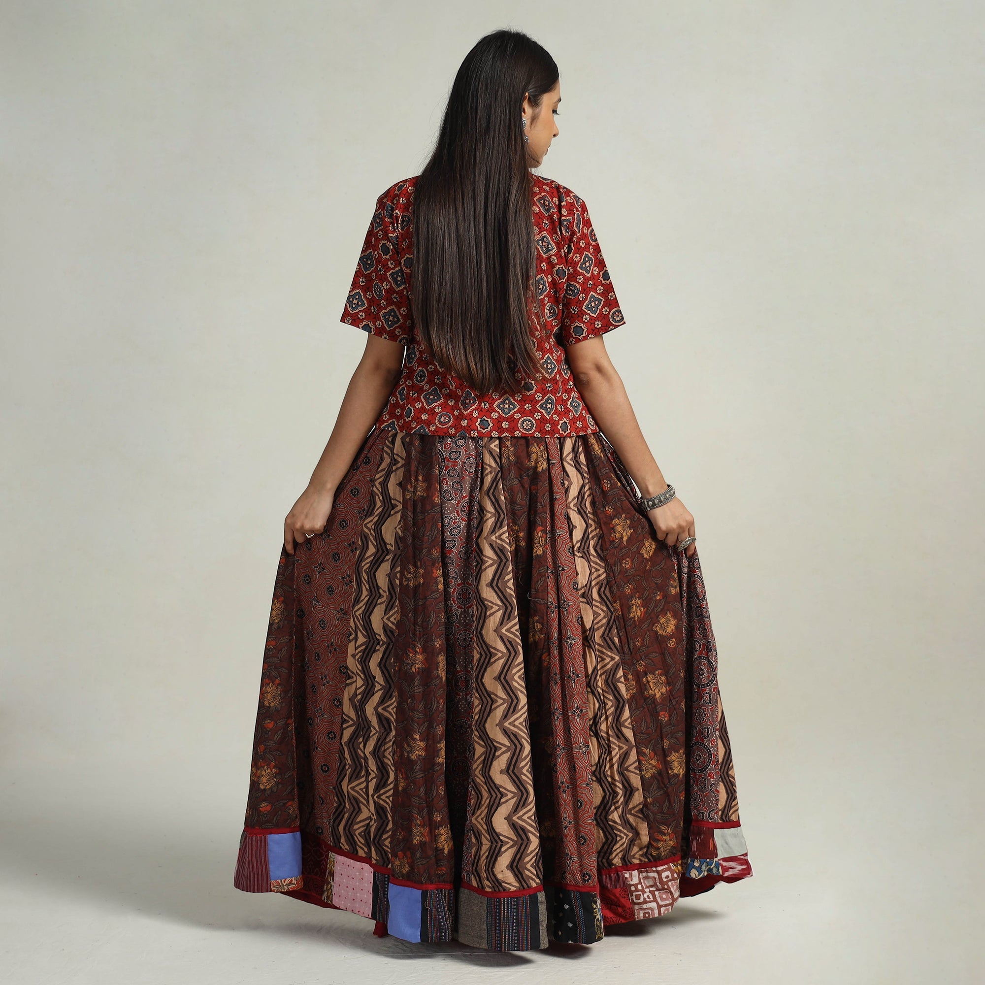 NOORI BAZAR Brown - Kutch Block Printed 24 Kali Cotton Long Skirt 08 - view 6
