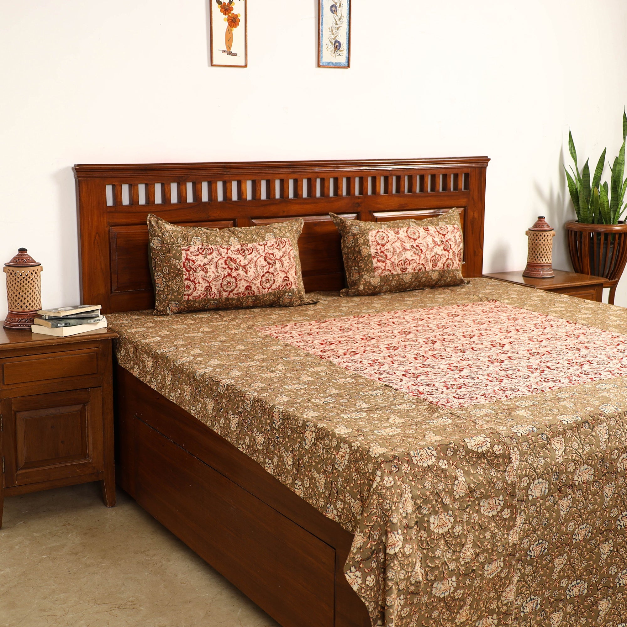 NOORI BAZAR Brown - Kalamkari Block Printed Patchwork Cotton Double Bed Cover With Pillow Covers (108 x 90 in)