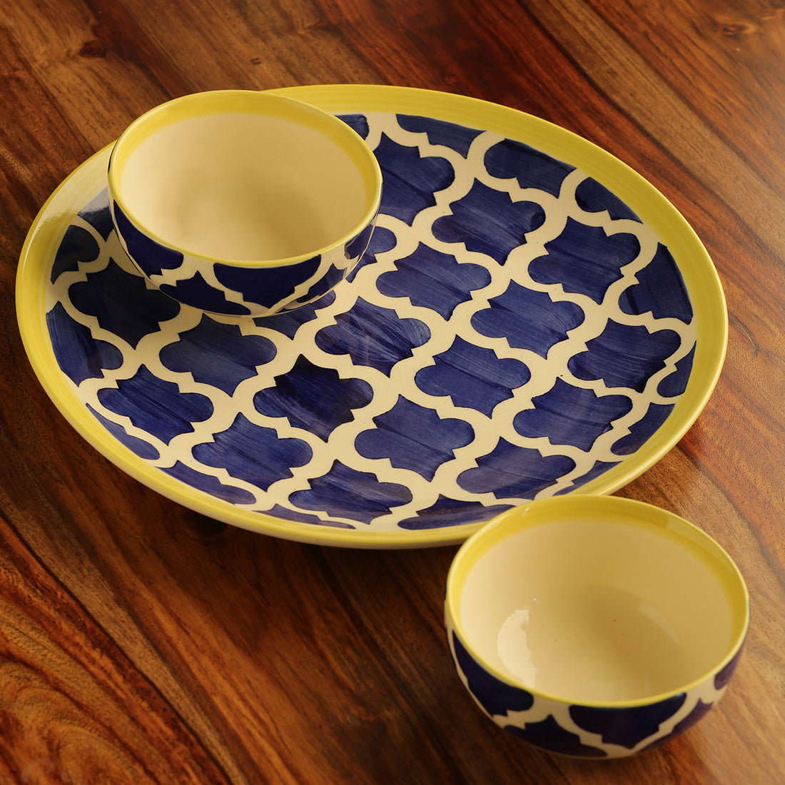 EXCLUSIVELANE Blue - 'Moroccan Platter Pack' Handpainted Plate With Serving Bowl Set Of 2 In Ceramic