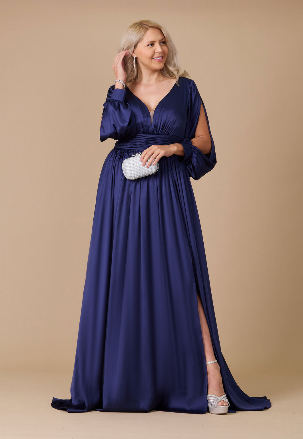 Dylan & Davids Long Open Sleeve Satin Formal Dress