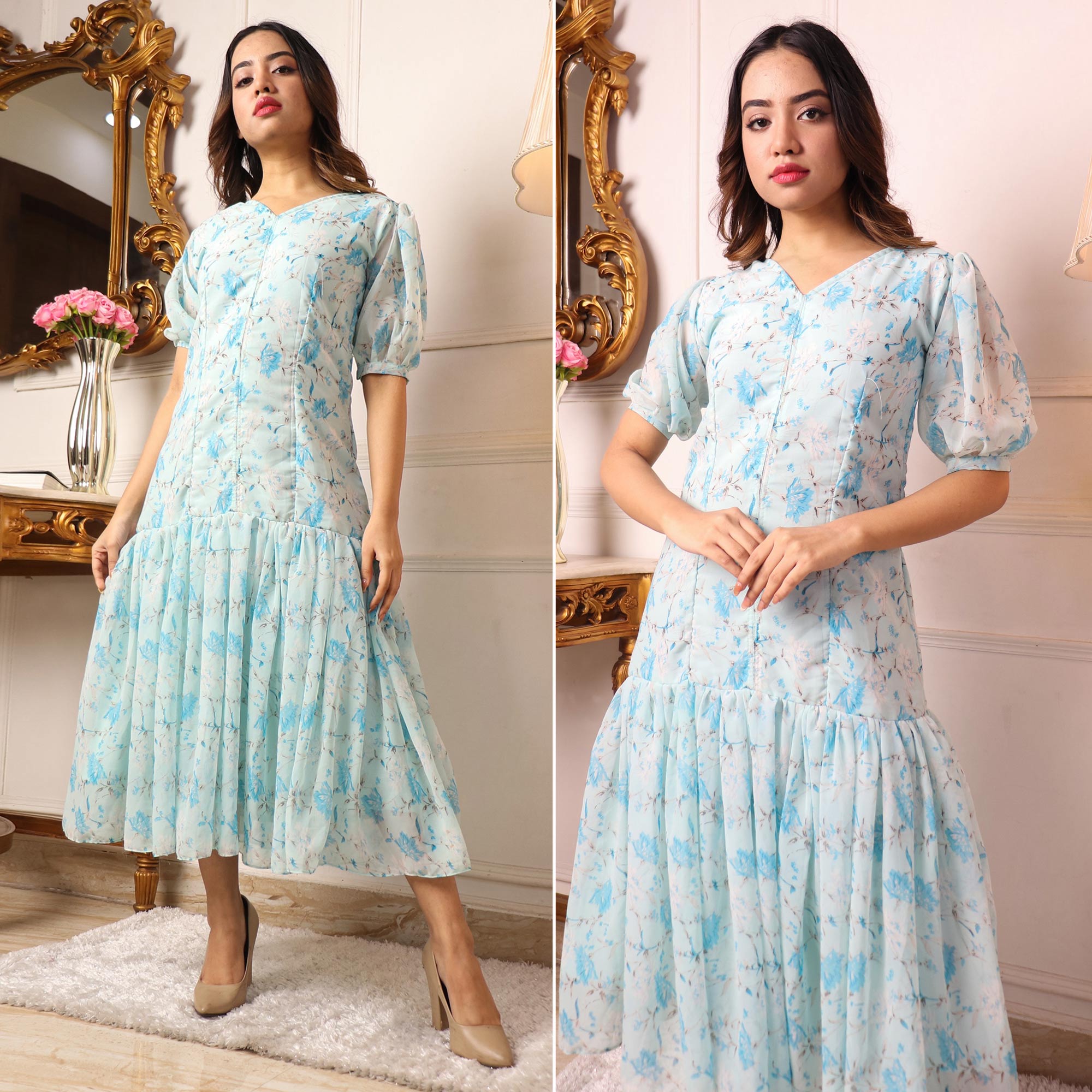 Peachmode Seller Light Blue Floral Printed Georgette Dress