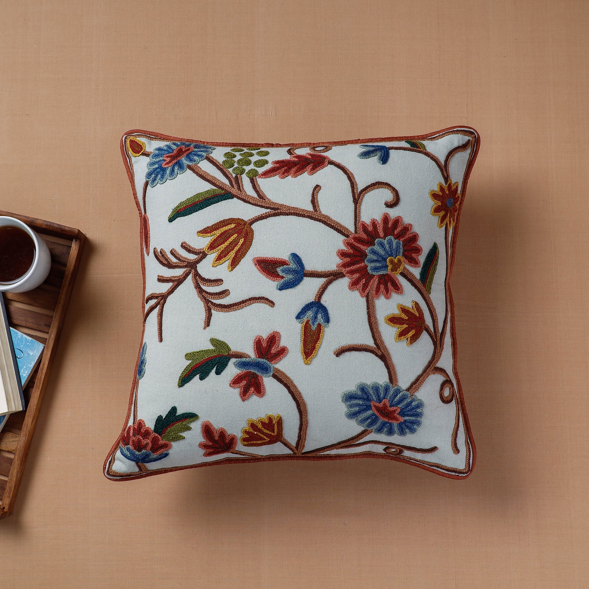 ITOKRI CRAFTS INITIATIVE Blue - Aari Hand Embroidery Cotton Duck Cushion Cover (16 x 16 in)