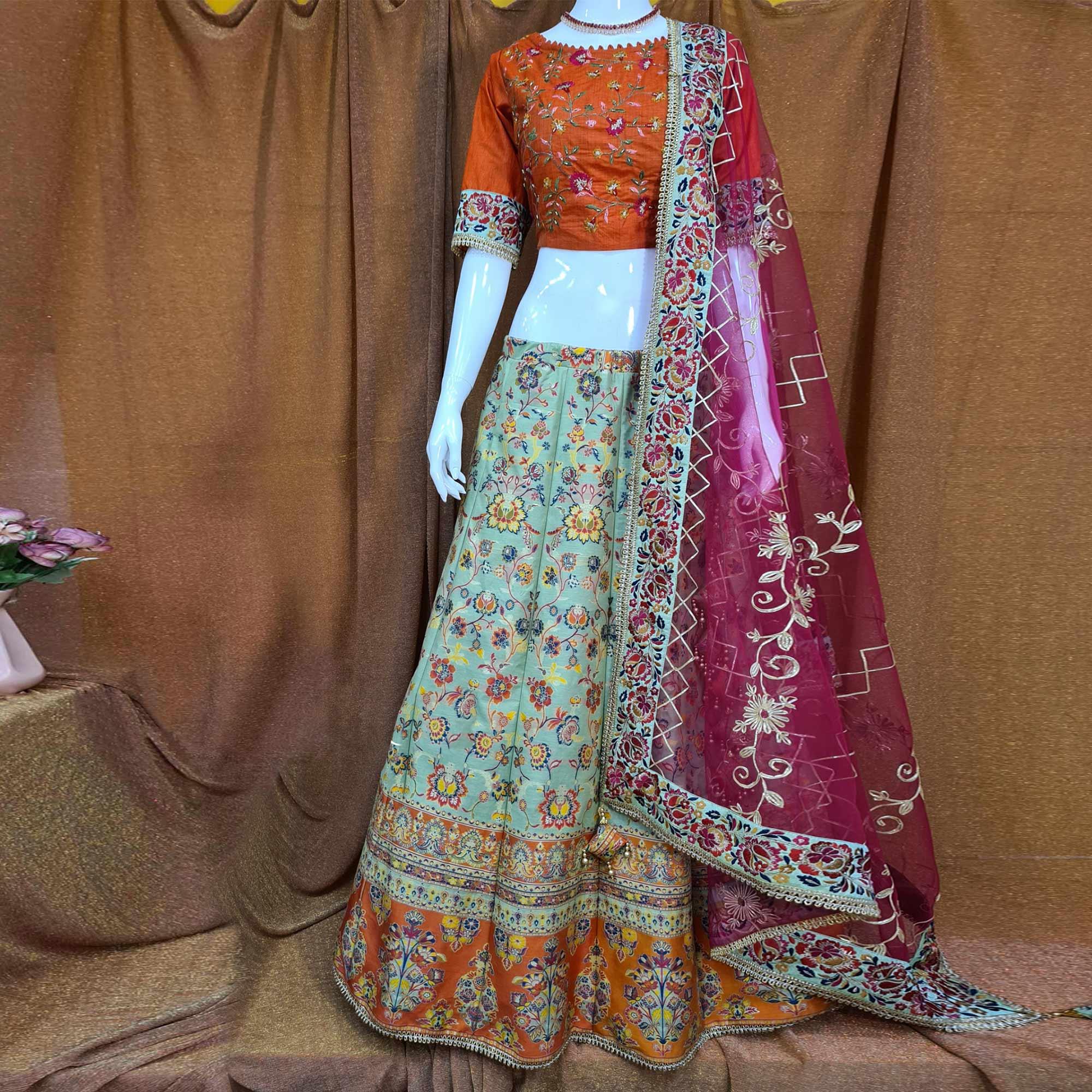 Green lehengas – BlackTree green-festive-wear-woven-silk-lehenga-choli-124192