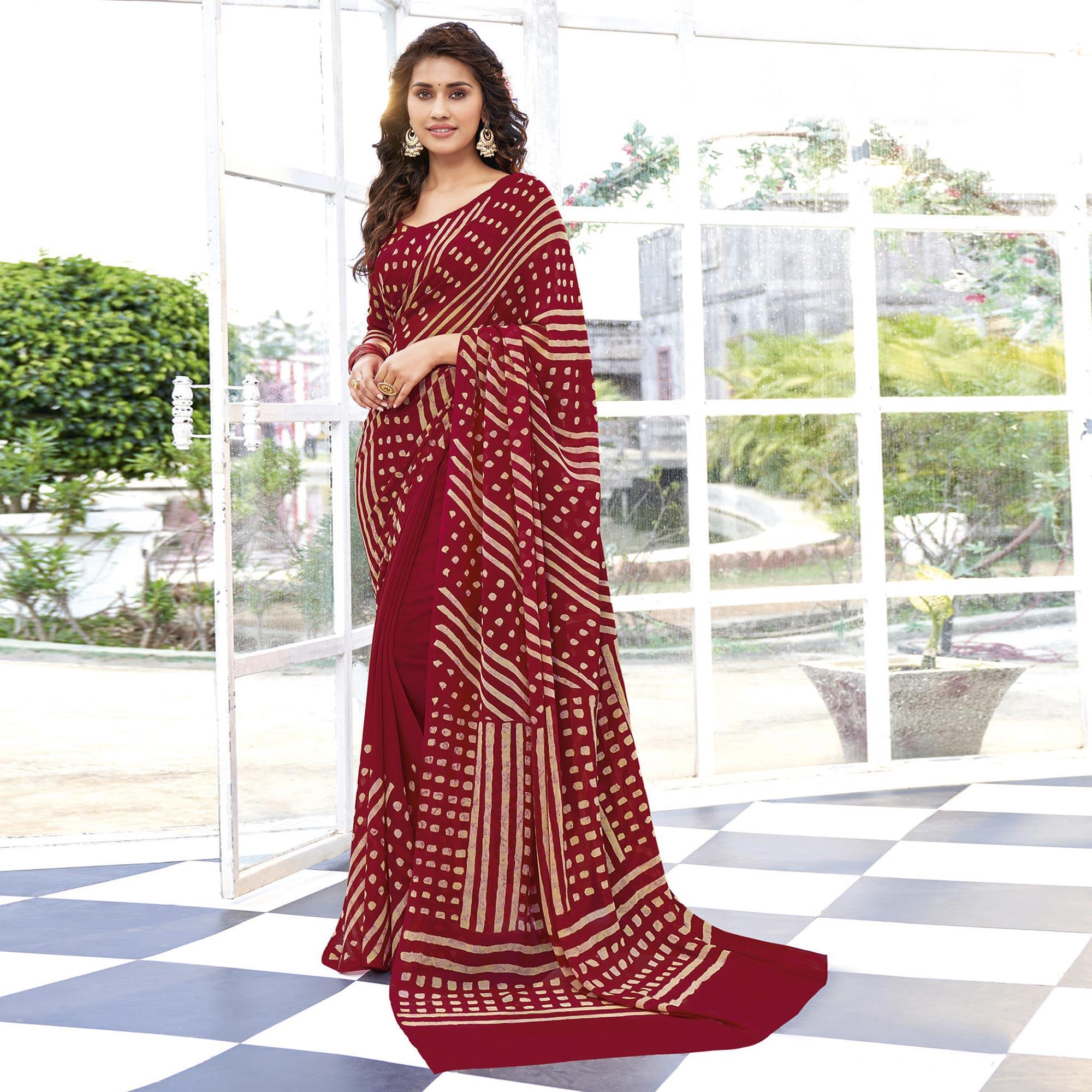 Peachmode Dark Red Printed Georgette Saree – Women's