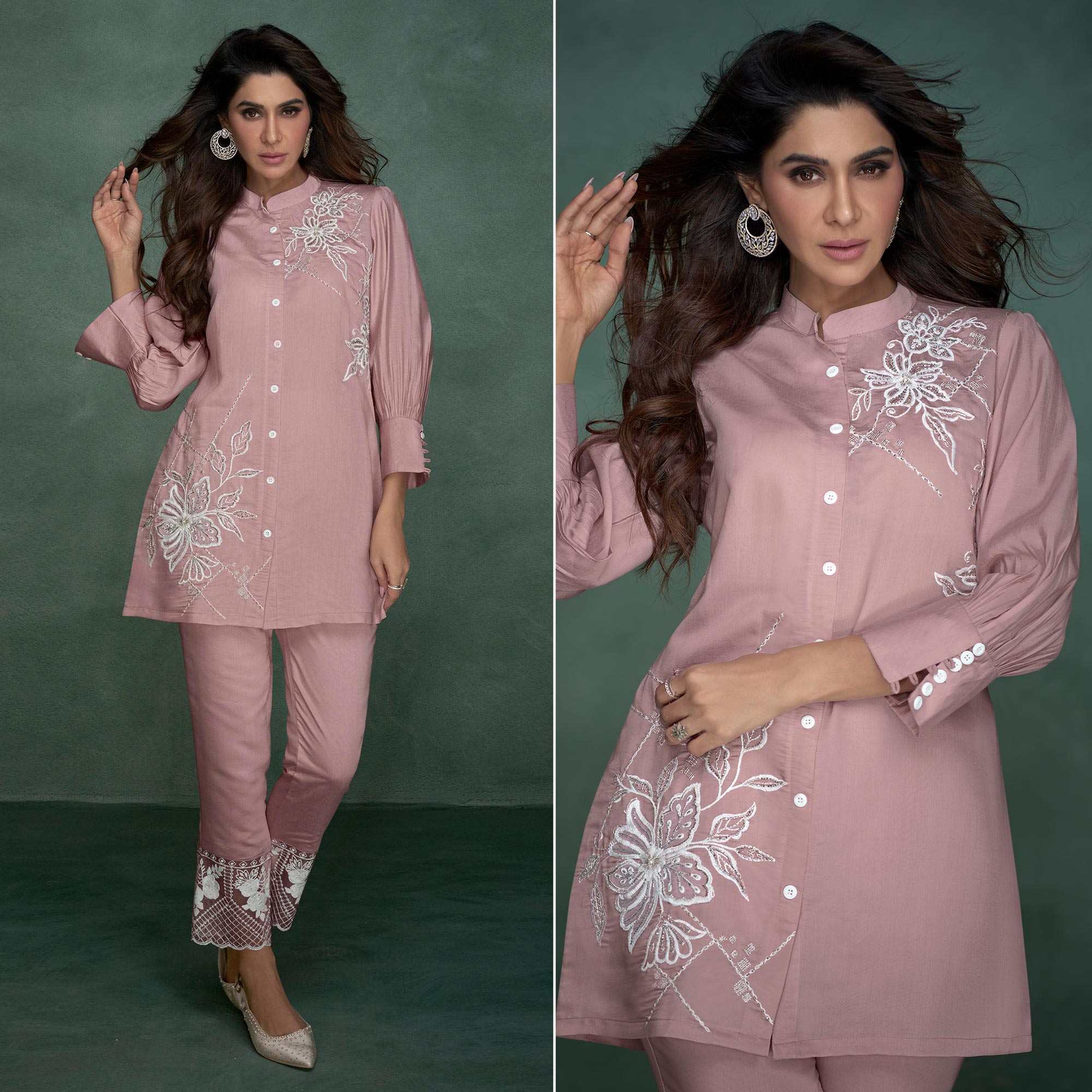 Peachmode Light Pink Floral Embroidered With Handwork Viscose Co Ord Set
