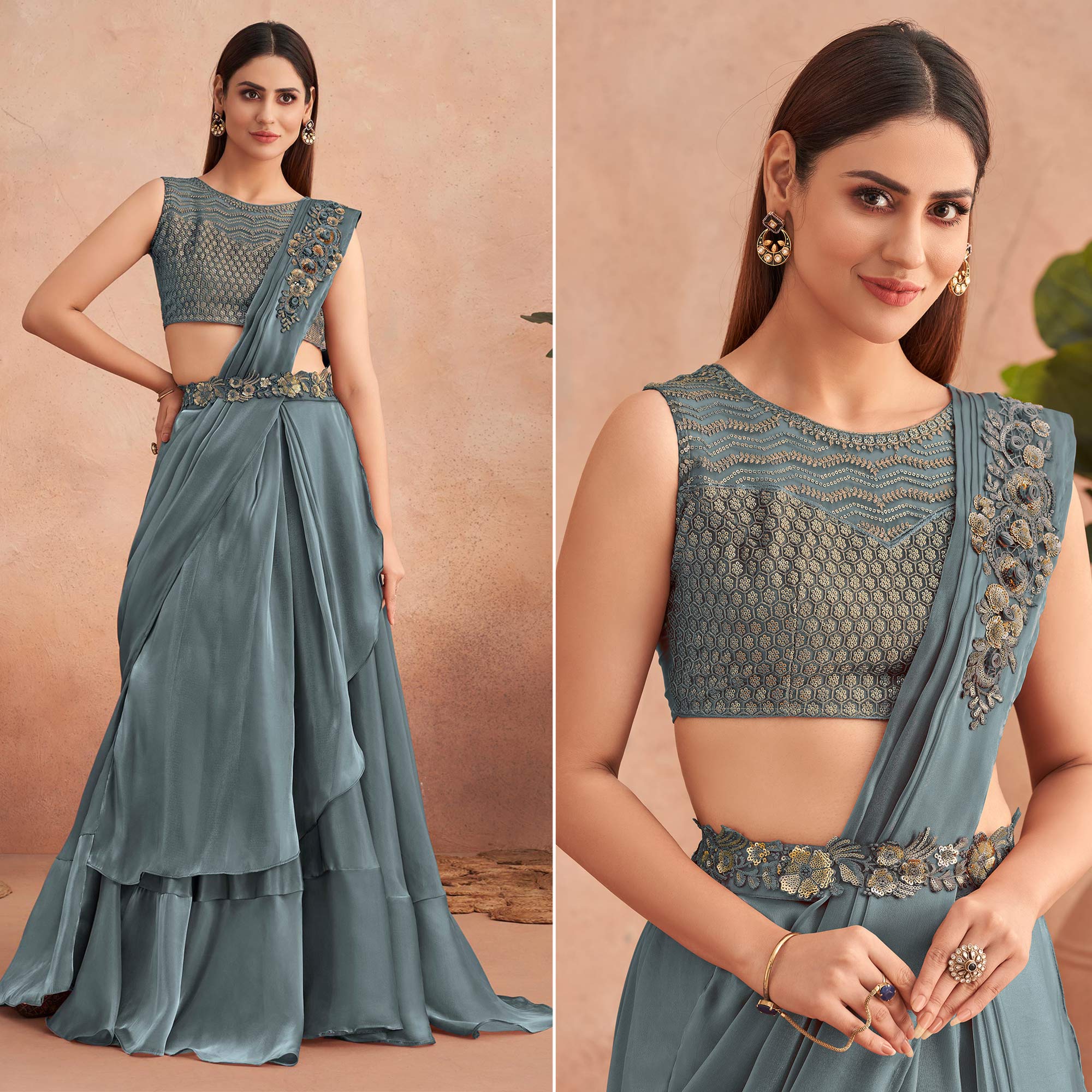 Peachmode Seller Grey Sequins Embroidered Ready to Wear Art Silk Saree