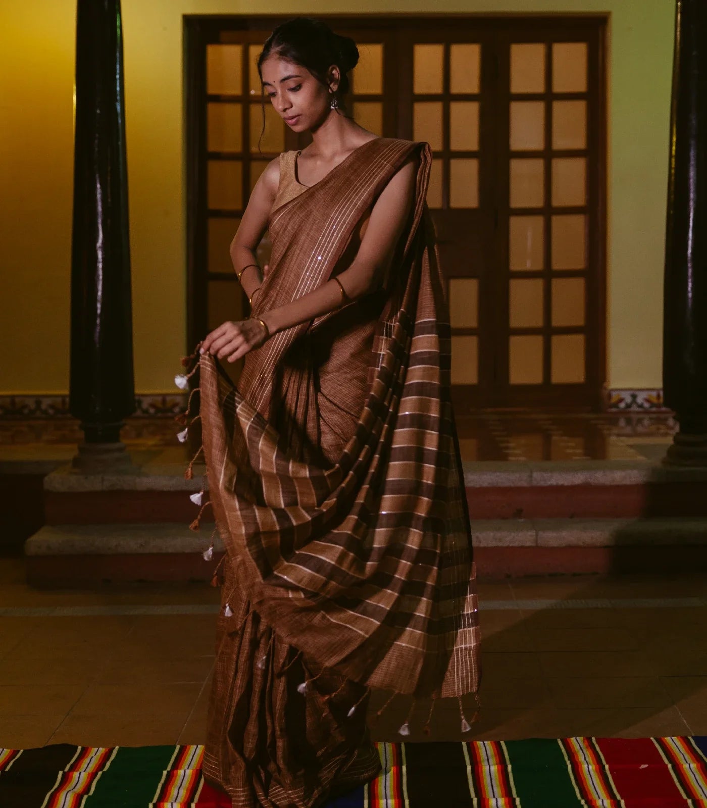RmKV Brown Handloom Linen Saree With Striped Pallu - view 2