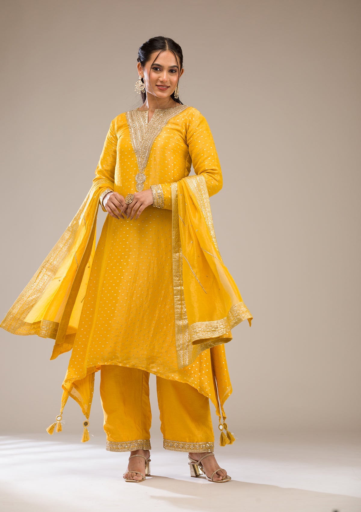 Koskii Mustard Zariwork Semi Crepe Readymade Salwar Suit