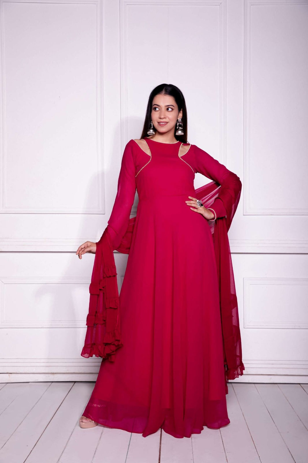 ClothsVilla Red Georgette Gown with Matching Dupatta