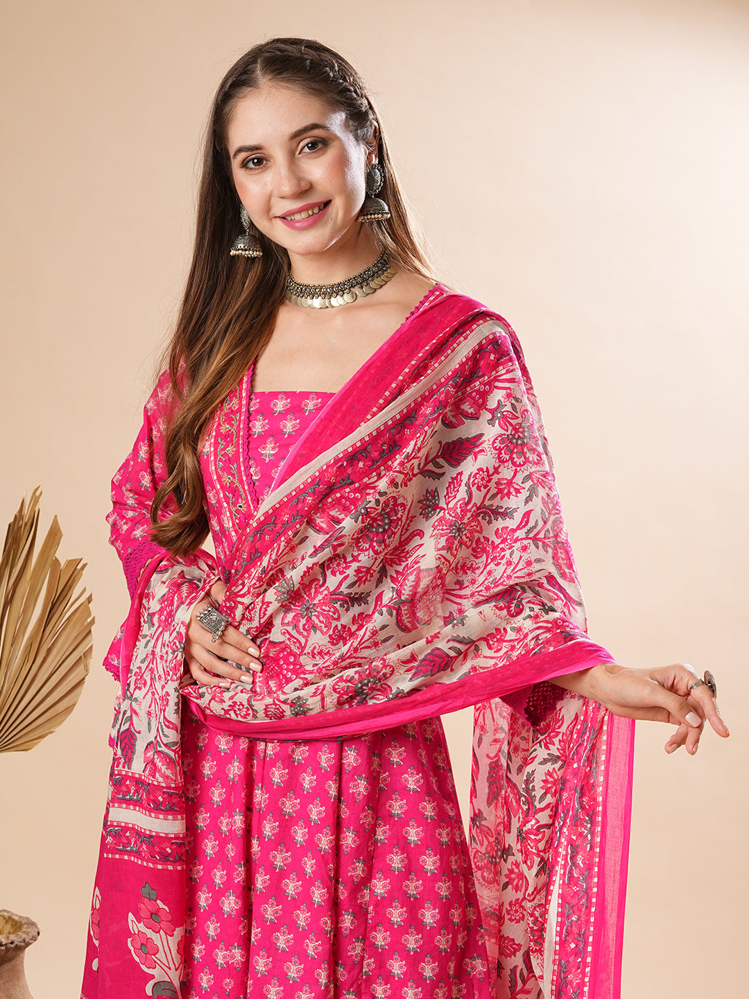 Fashor Floral Printed Mirror & Beads Embroidered Anarkali Kurta with Pants & Dupatta - Pink - view 2