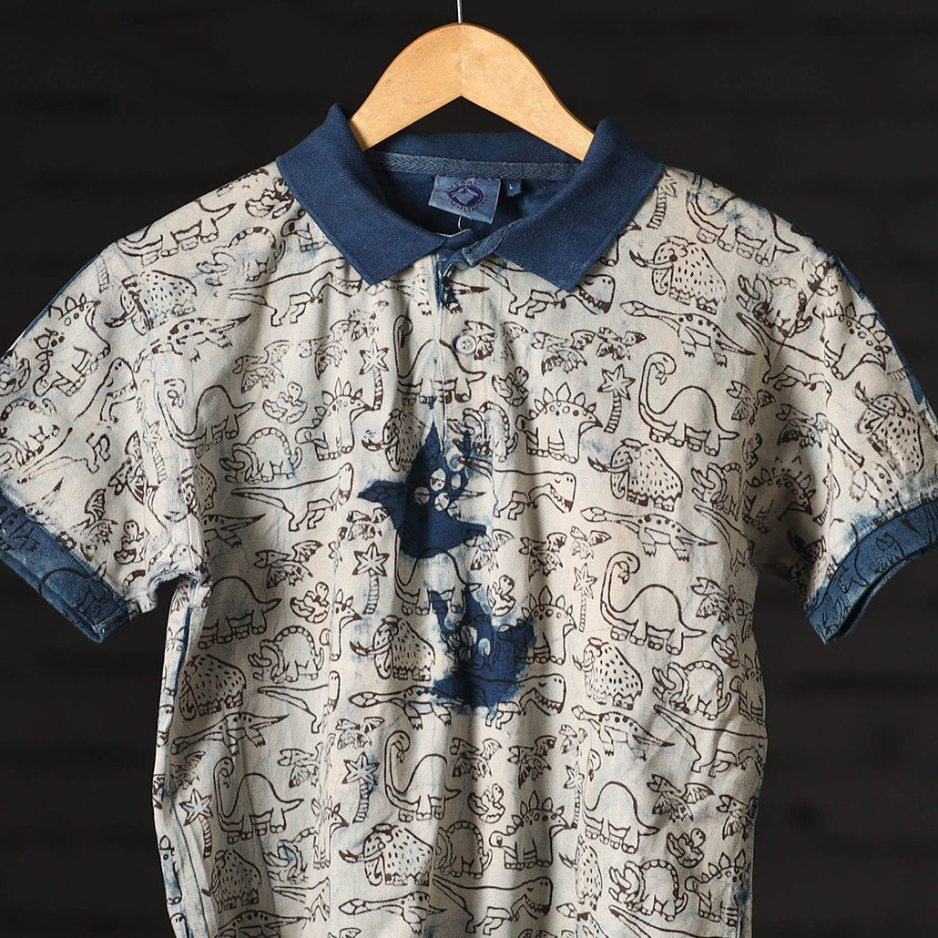 BINDAAS UNLIMITED Beige - Bindaas Natural Dyed Art Block Print Polo Collar T-shirt in Cotton - view 2