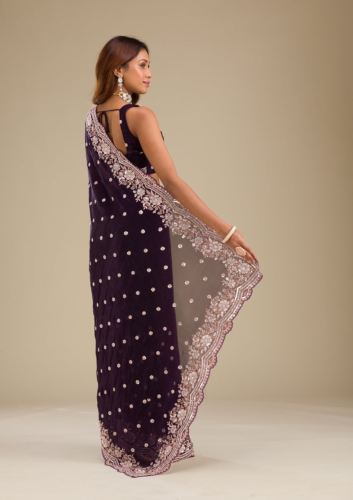 Koskii Purple Sequins Semi Crepe Saree – Women's - view 2