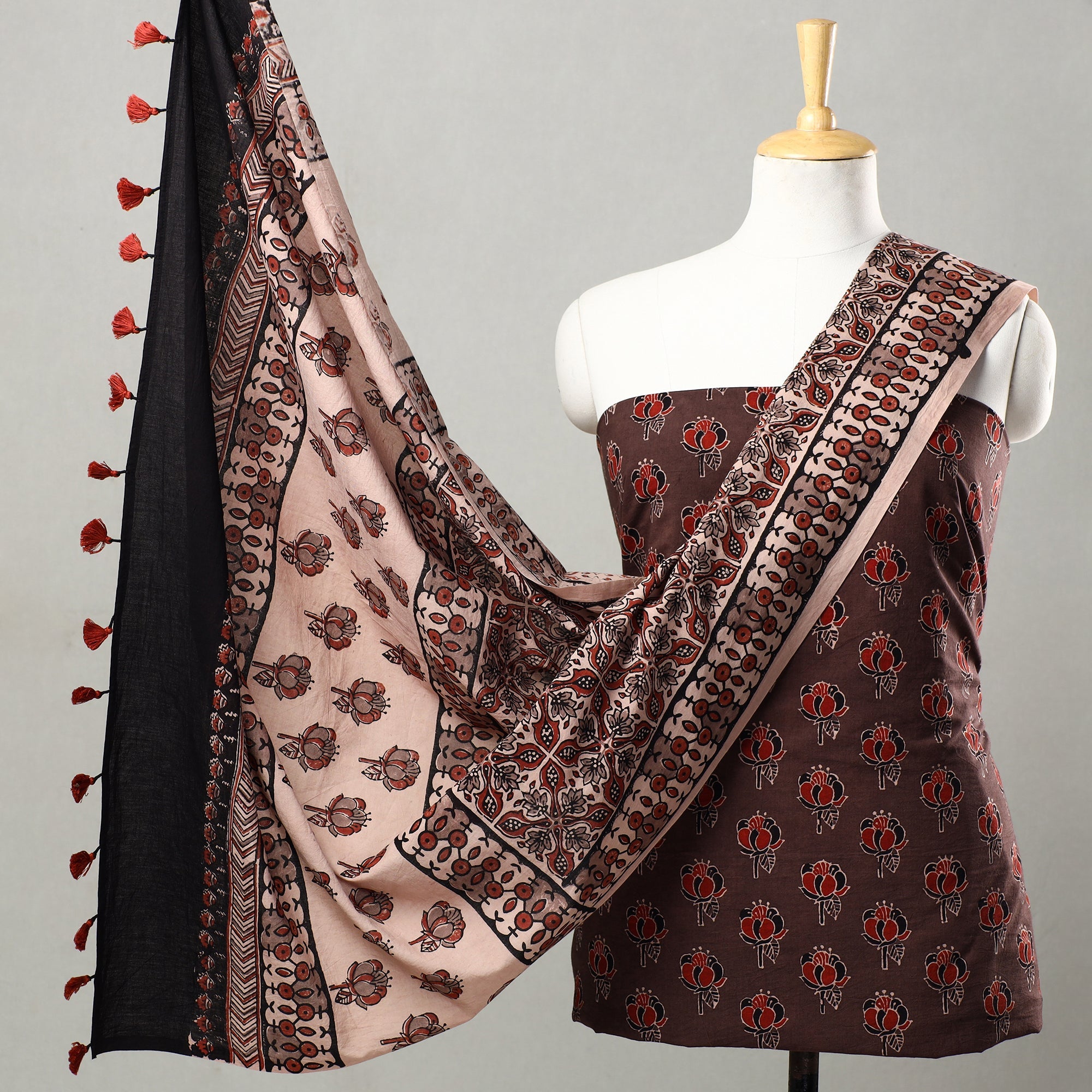 AJRAKH BY JABBAR KHATRI Brown - 3pc Ajrakh Block Printed Natural Dyed Cotton Suit Material Set 19