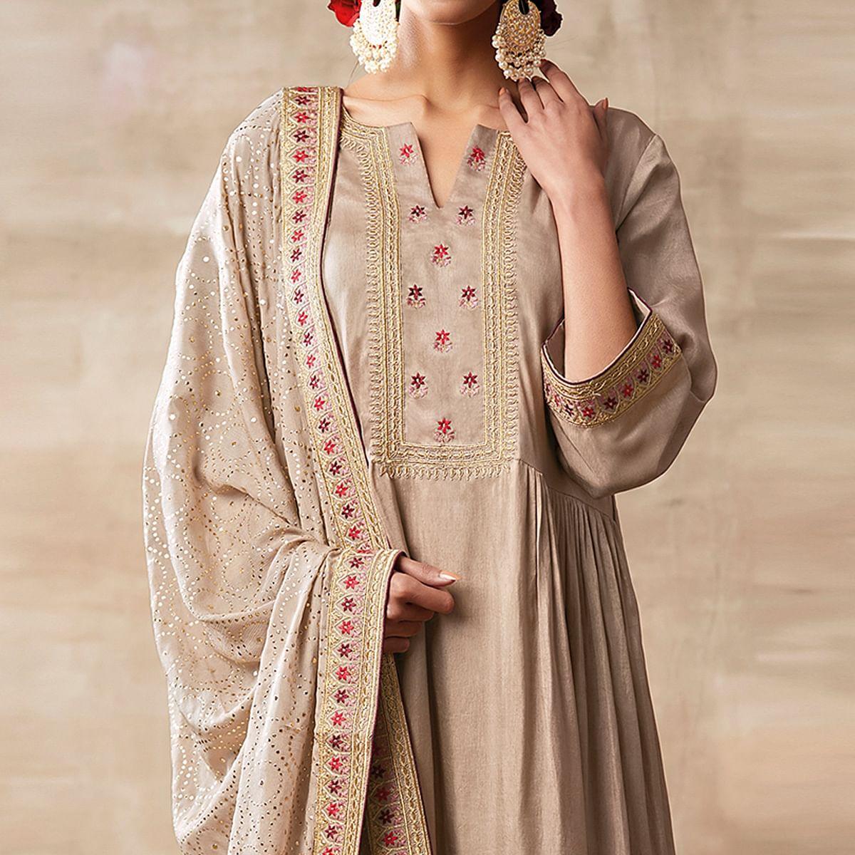 Peachmode Glorious Cream Colored Partywear Designer Embroidery Heavy chinon Salwar Suit - view 2