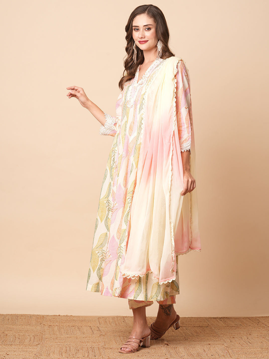 Fashor Abstract Floral Printed & Embroidered Anarkali Kurta with Pant & Dupatta - Off White - view 2