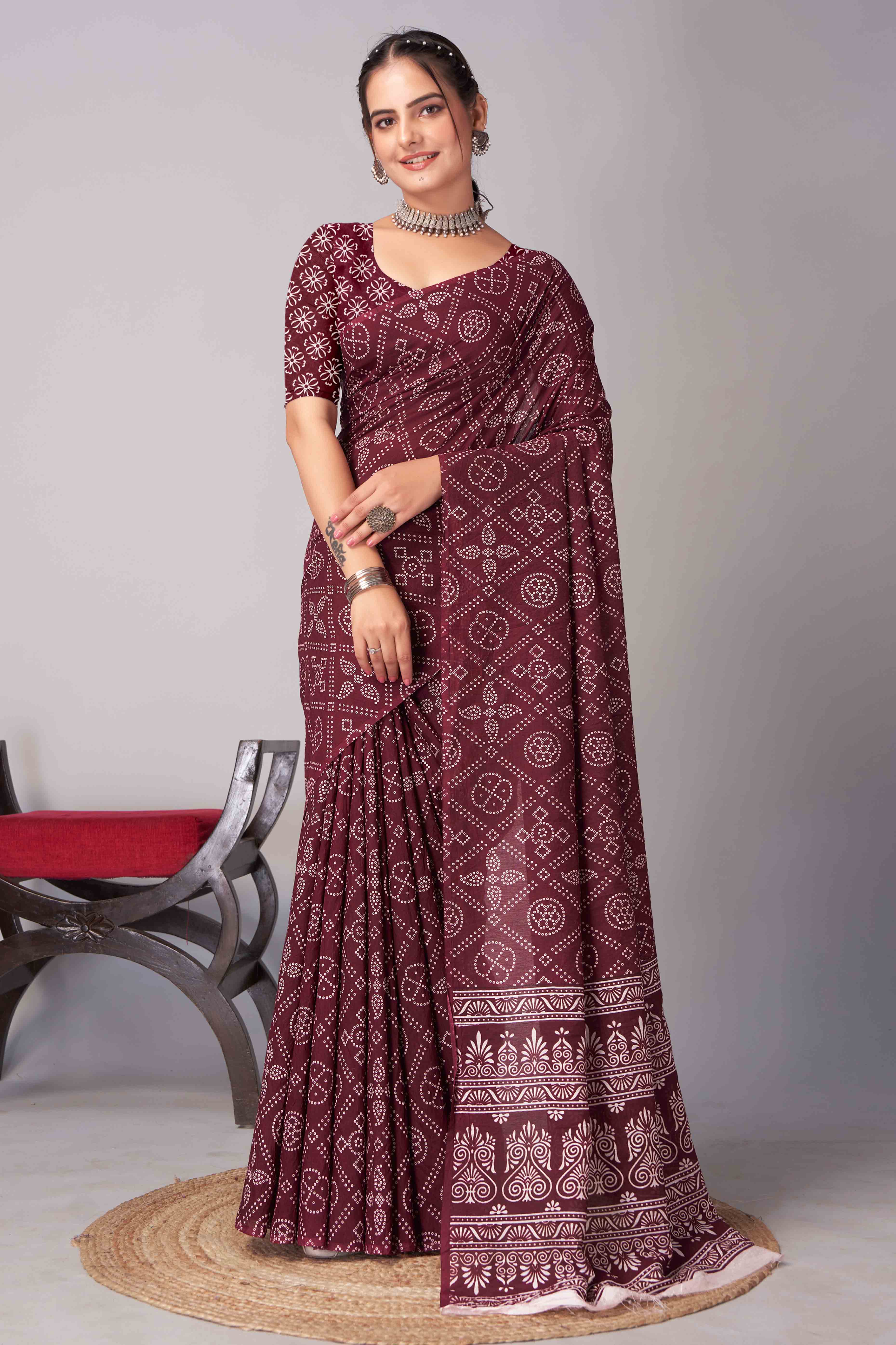 Peachmode Dark Maroon Ajrakh Printed Cotton Blend Saree - view 3