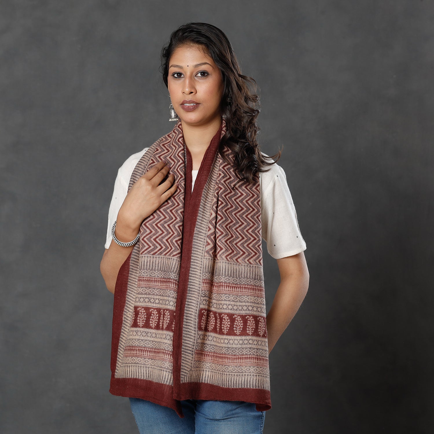 BAGH PRINTS BY MOHAMMED BILAL KHATRI Brown - Bagh Block Printed Natural Dyed Woolen Muffler (61 in)
