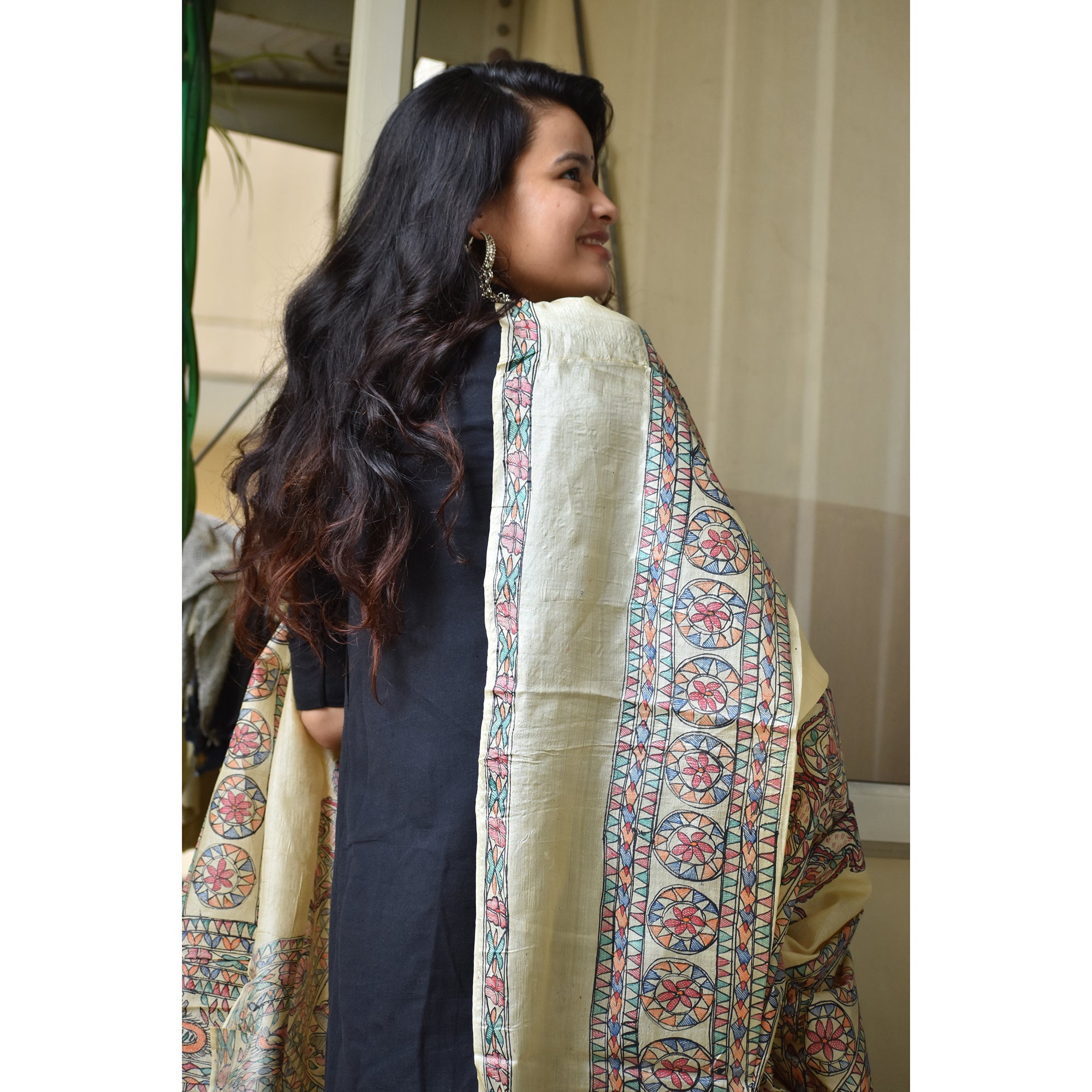 DIORAMA DESIGNS Beige - Madhubani Hand-Painted Silk Dupatta - view 9