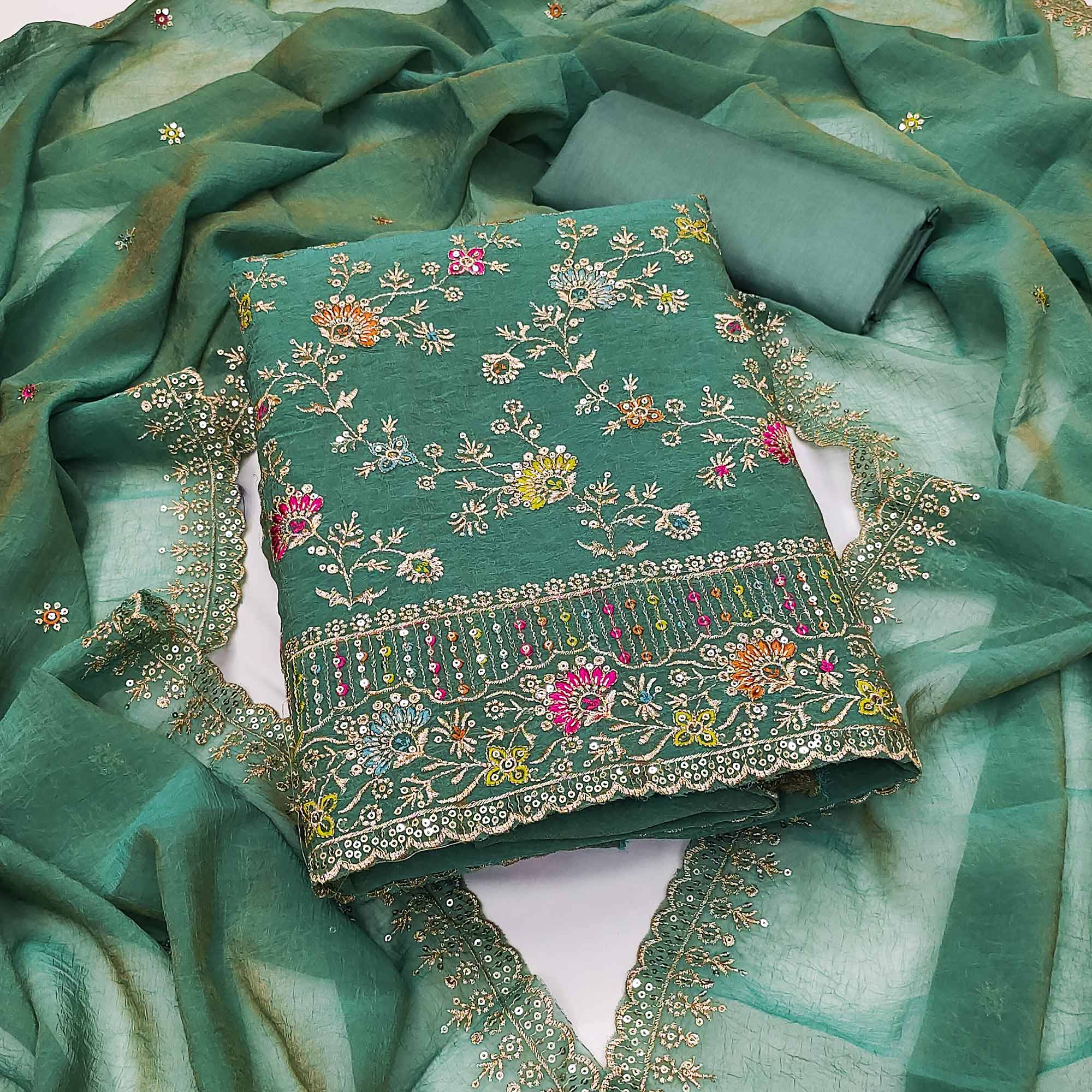 Green dress materials (unstitched) – BlackTree green-floral-sequins-embroidered-chiffon-dress-material-7