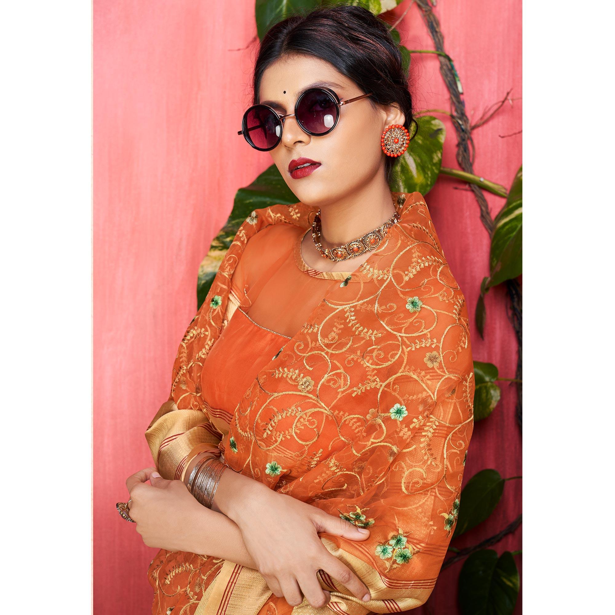 Peachmode Entrancing Orange Colored Party Wear Floral Embroidered Organza Saree - view 2