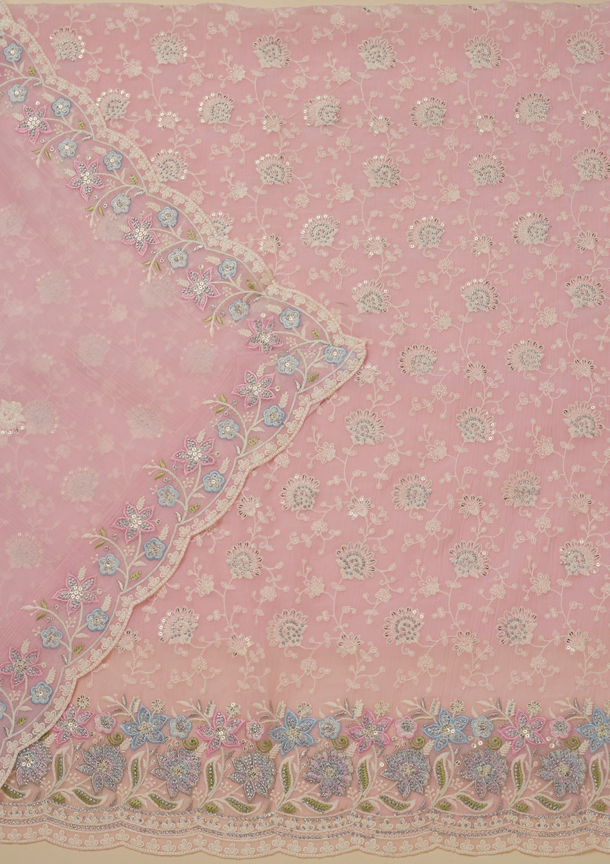 Koskii Baby Pink Threadwork Chiffon Unstitched Salwar Suit - view 3