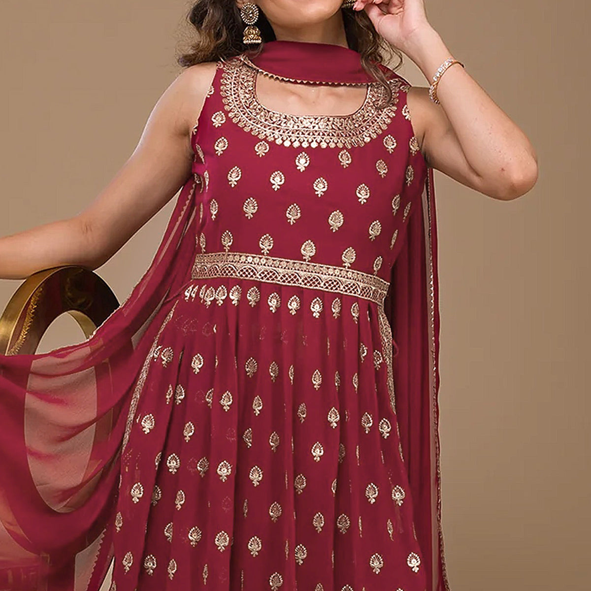 Peachmode Maroon Sequins Embroidered Georgette Naira Cut Semi Stitched Suit - view 2