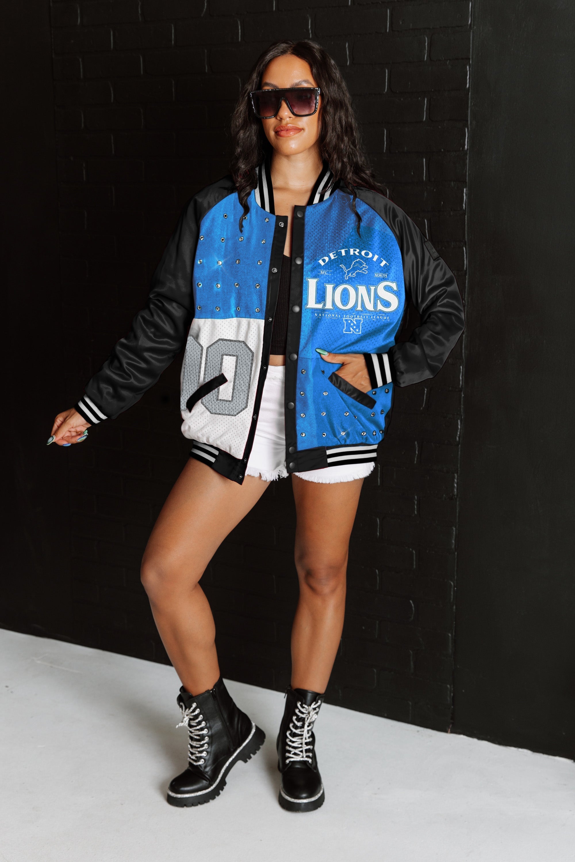 GC X NFL Detroit Lions Hot Shot Mixed Media Throwback Varsity Bomber Jacket With Rhinestone Inserts