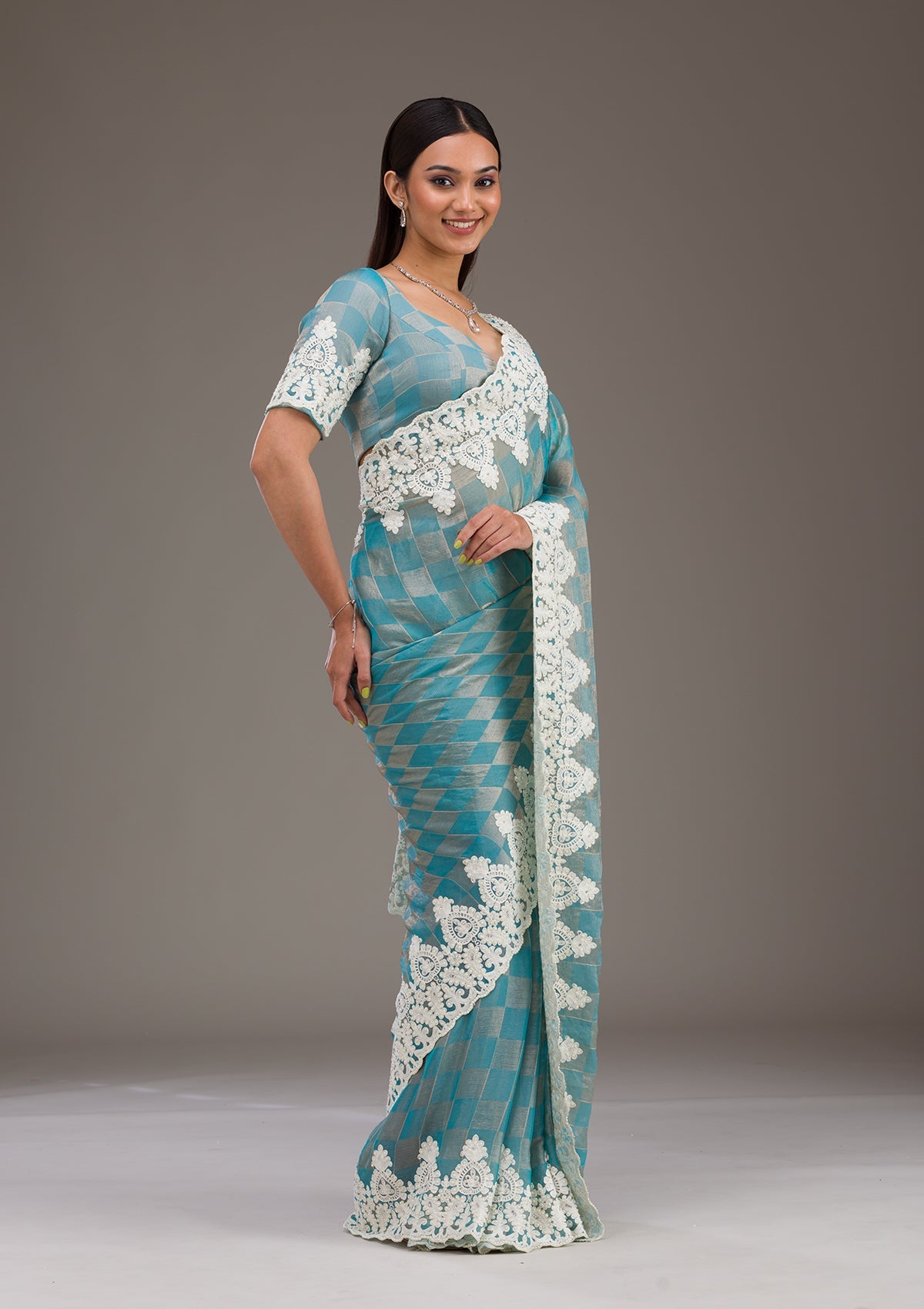 Koskii Turquoise Blue Pearlwork Tissue Saree – Women's - view 8