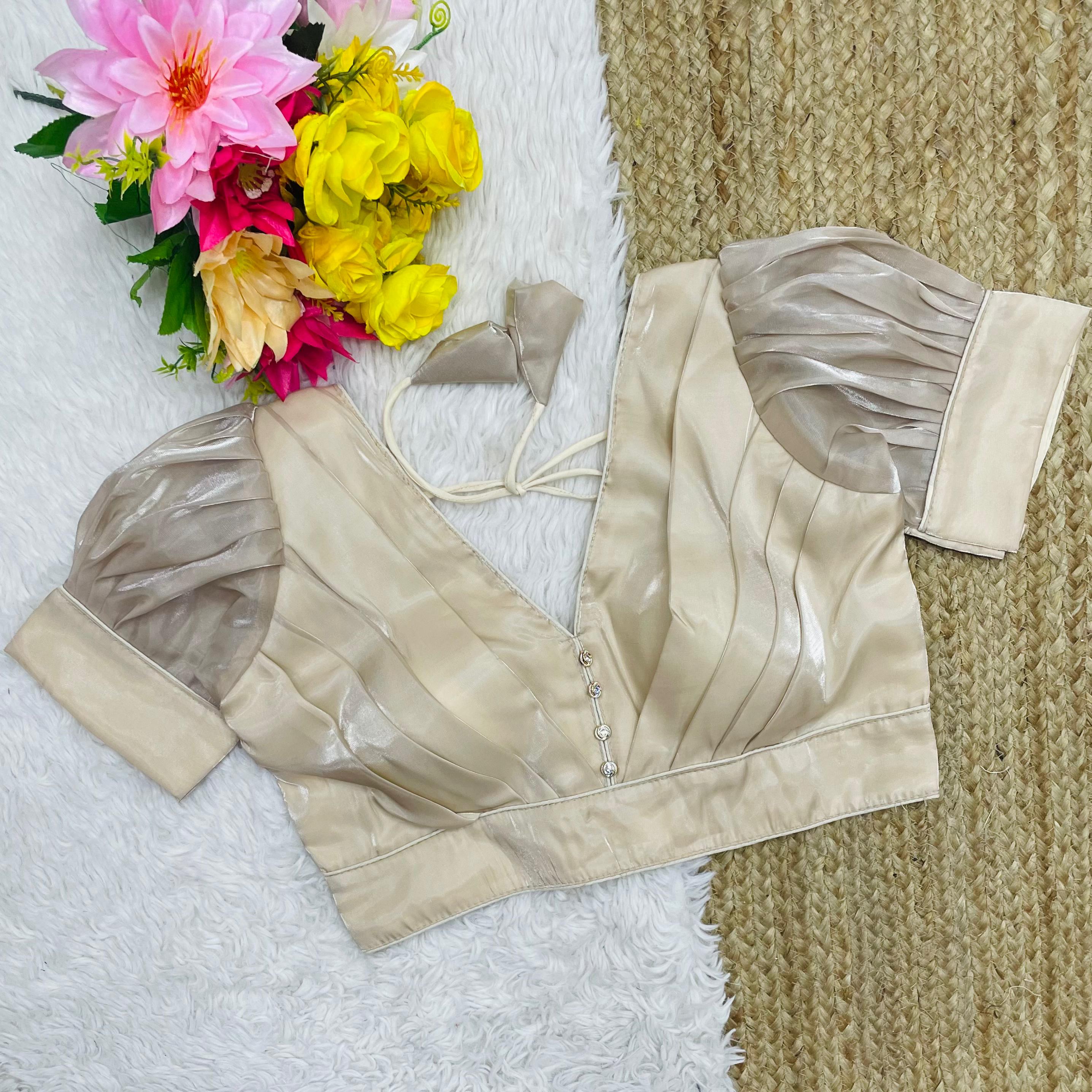 ClothsVilla Beige Glamorous Ruffled Metallic Jimmy Choo Blouse