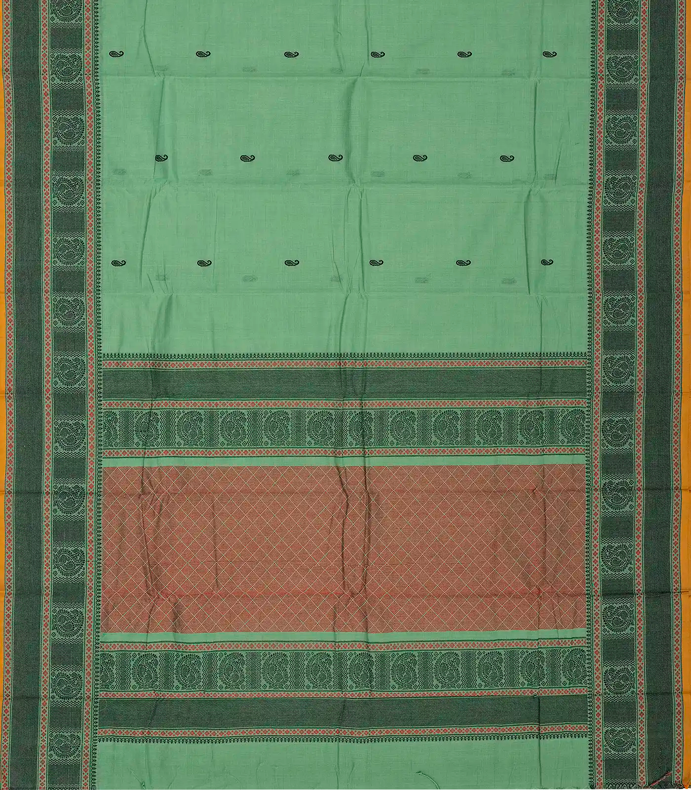 RmKV Shadow Green Handloom Kanchi Cotton Saree With Mango Buttas. - view 2