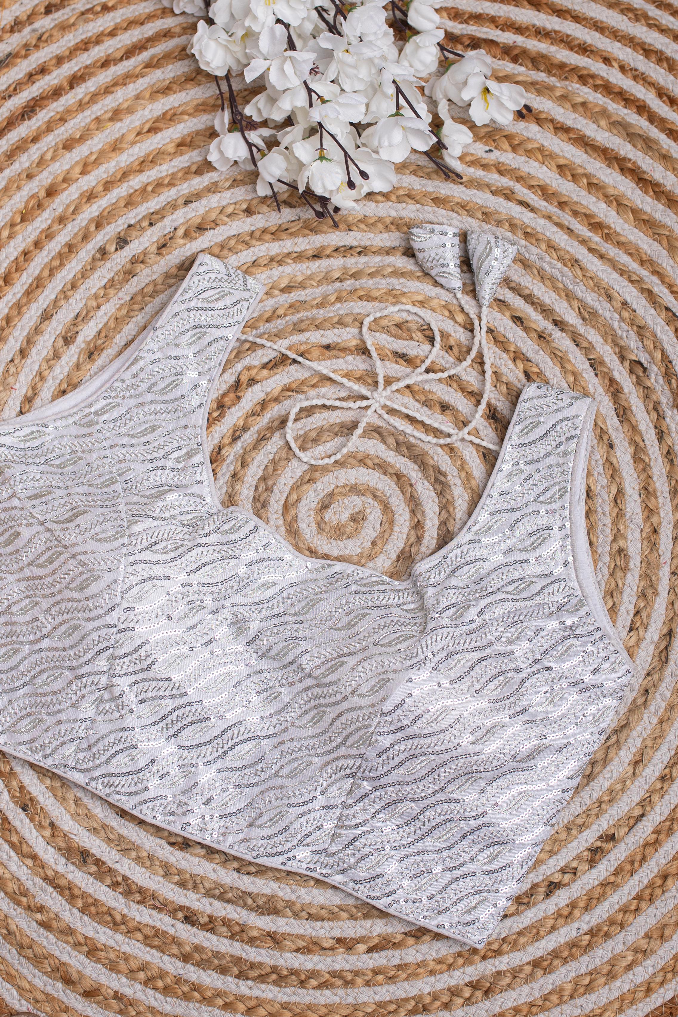 ClothsVilla White Kashish Silk Blouse with Tone-to-Tone Sequin Work