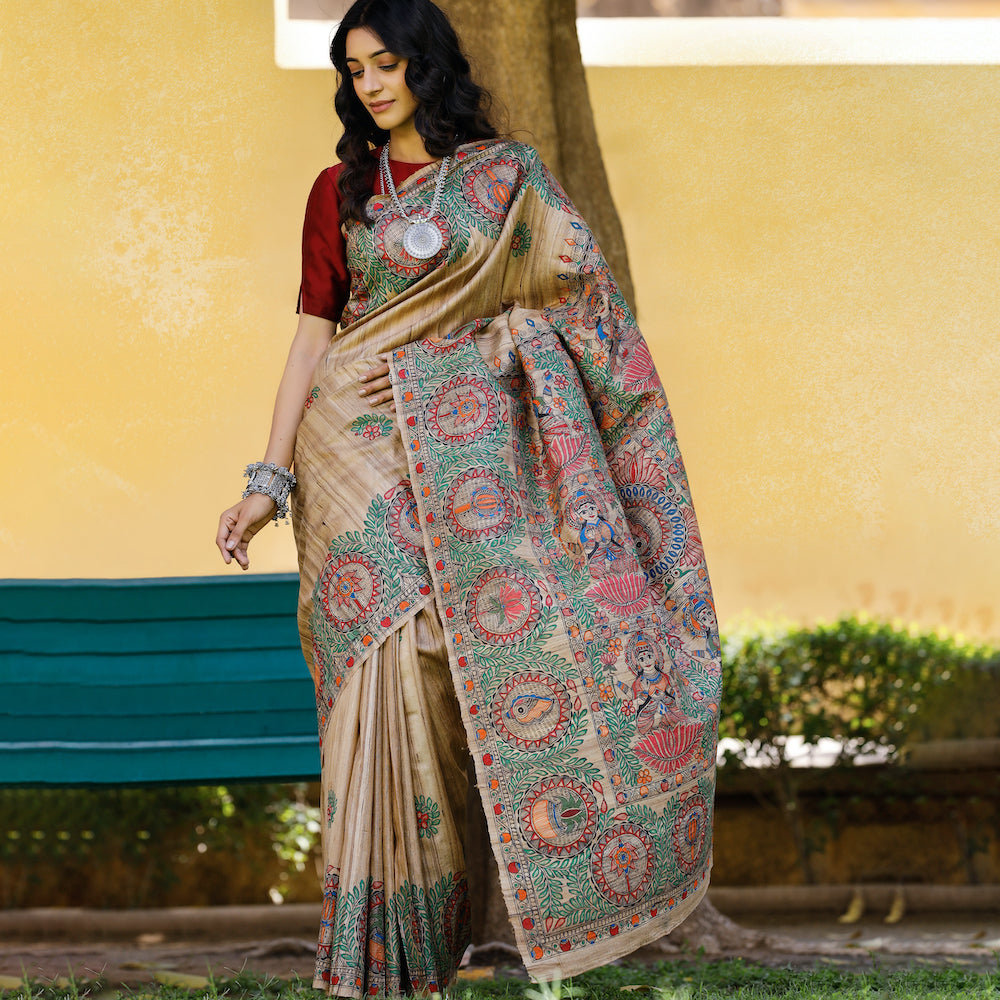 DIORAMA DESIGNS Brown - Madhubani Hand-Painted Durga Incarnations Tussar Ghicha Silk Saree - view 2
