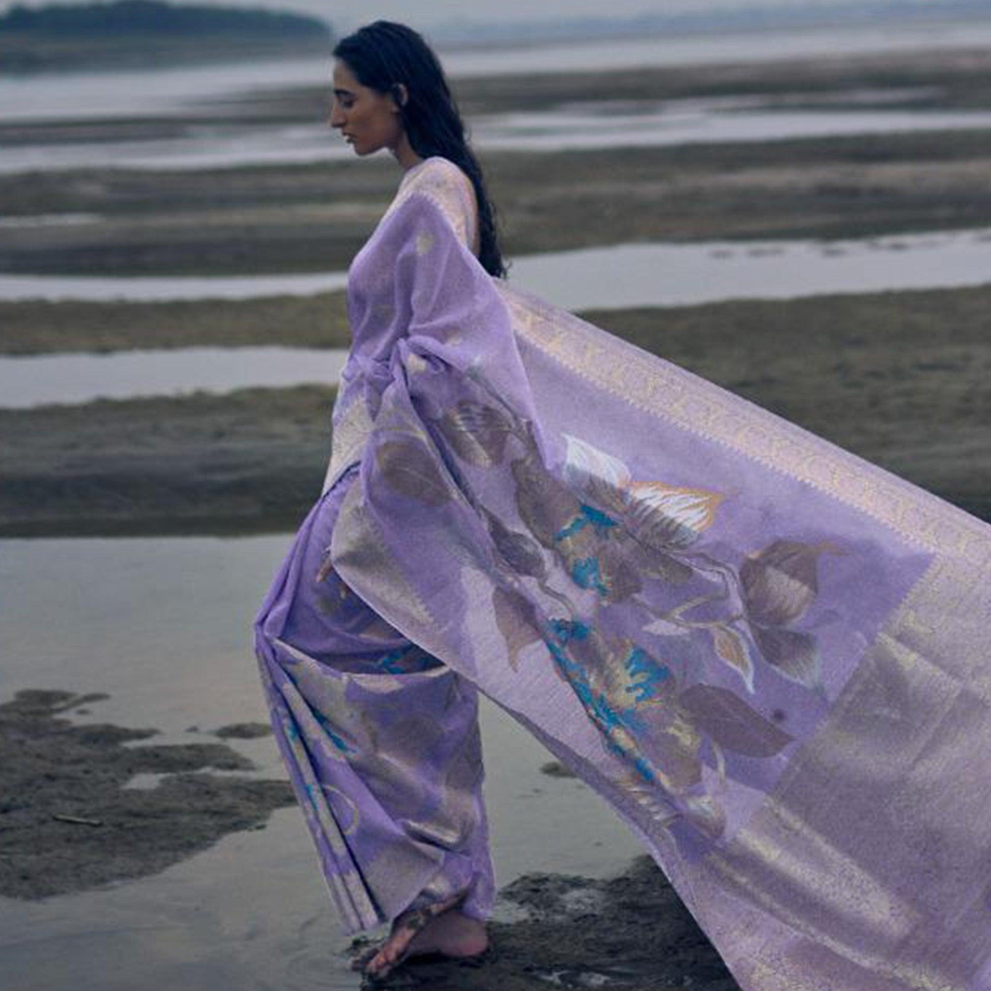 Peachmode Lovely Light Purple Colored Festive Wear Woven Pure Linen Silk Saree