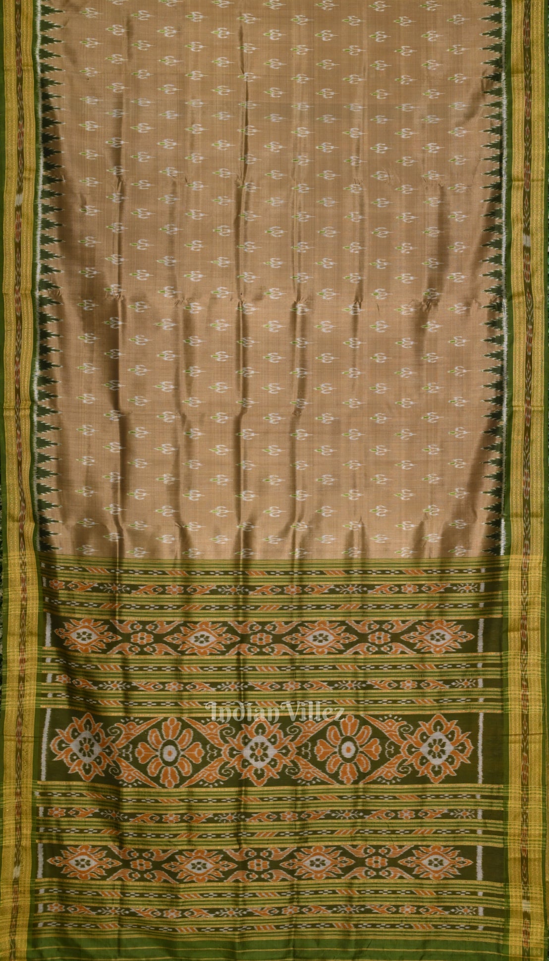 IndianVillèz Olive Green Mayur Chandrika Khandua Silk Saree