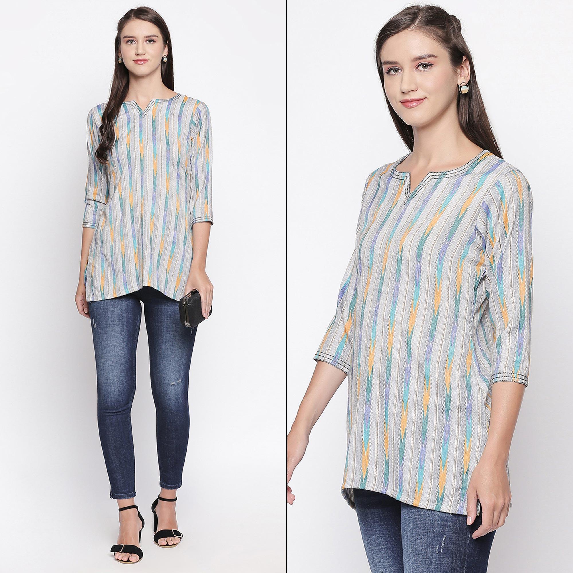 Peachmode Grey Printed Pure Cotton Top