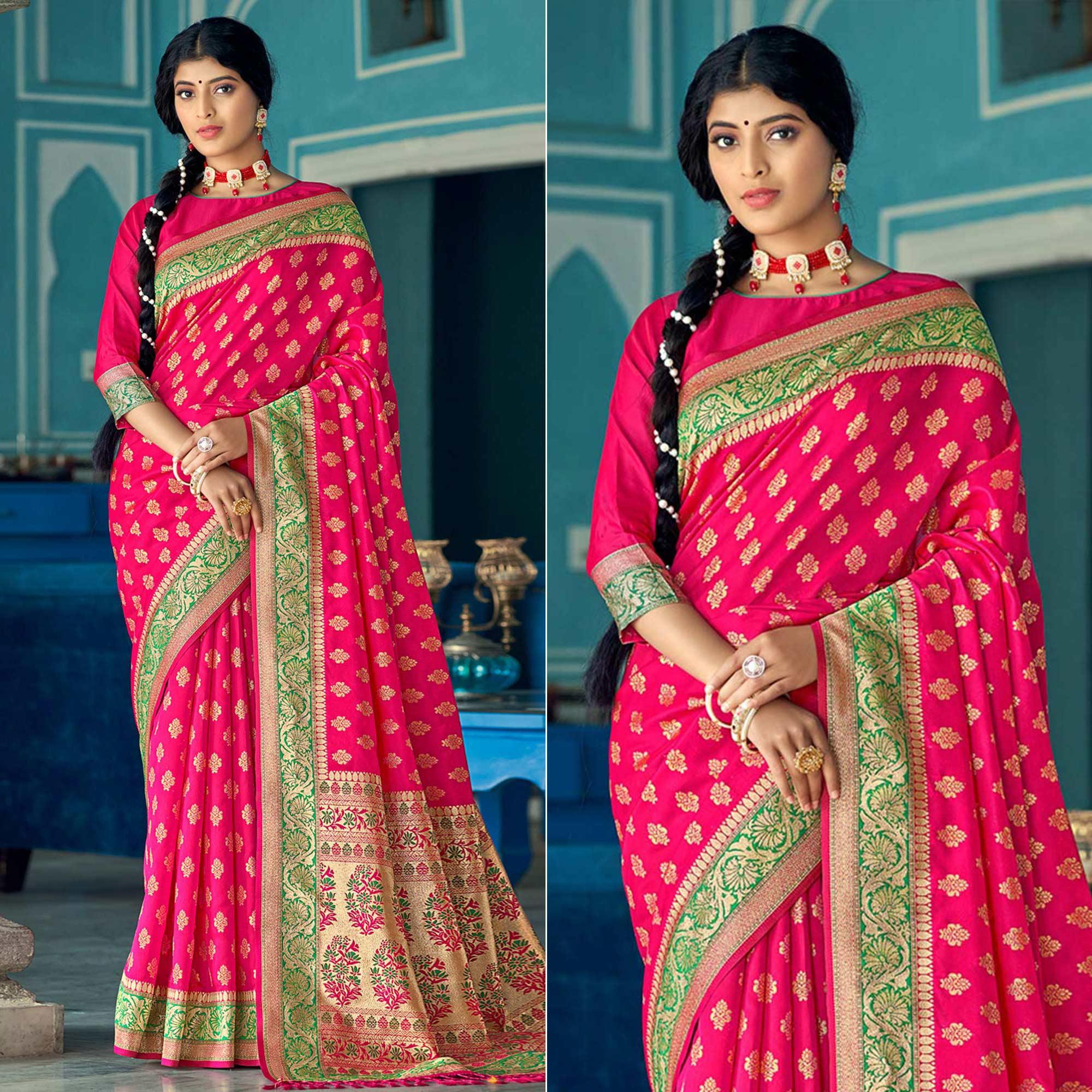 Peachmode Deep Pink Festive Wear Woven Banarasi Silk Saree