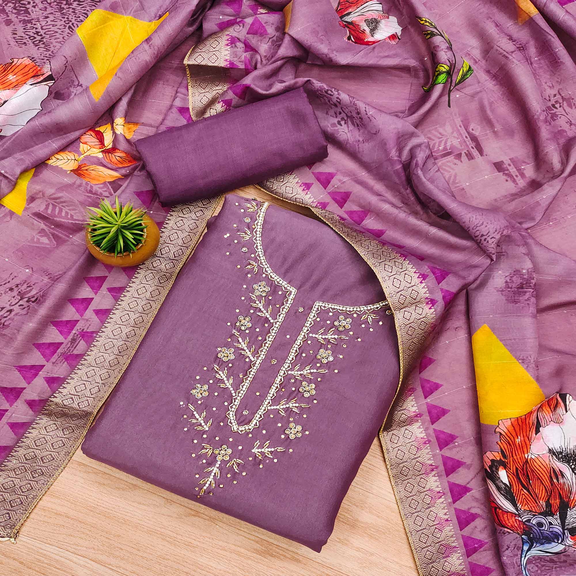 Peachmode Purple Handwork Simmer Jacquard Dress Material