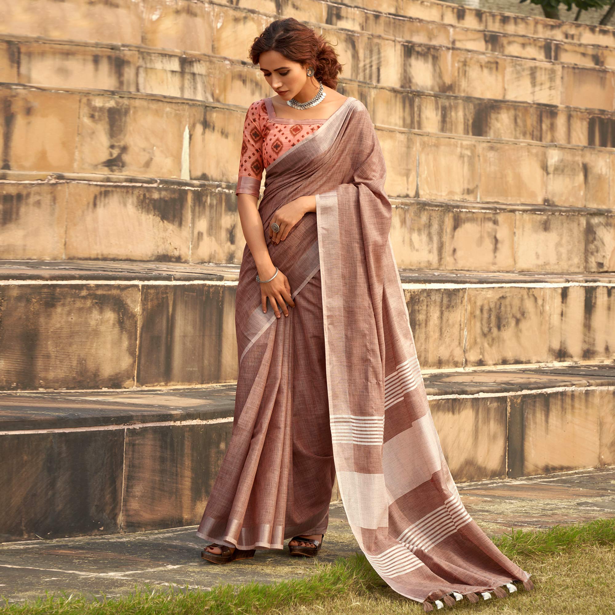 Peachmode Brown Striped Printed Linen Saree With Tassels - view 2