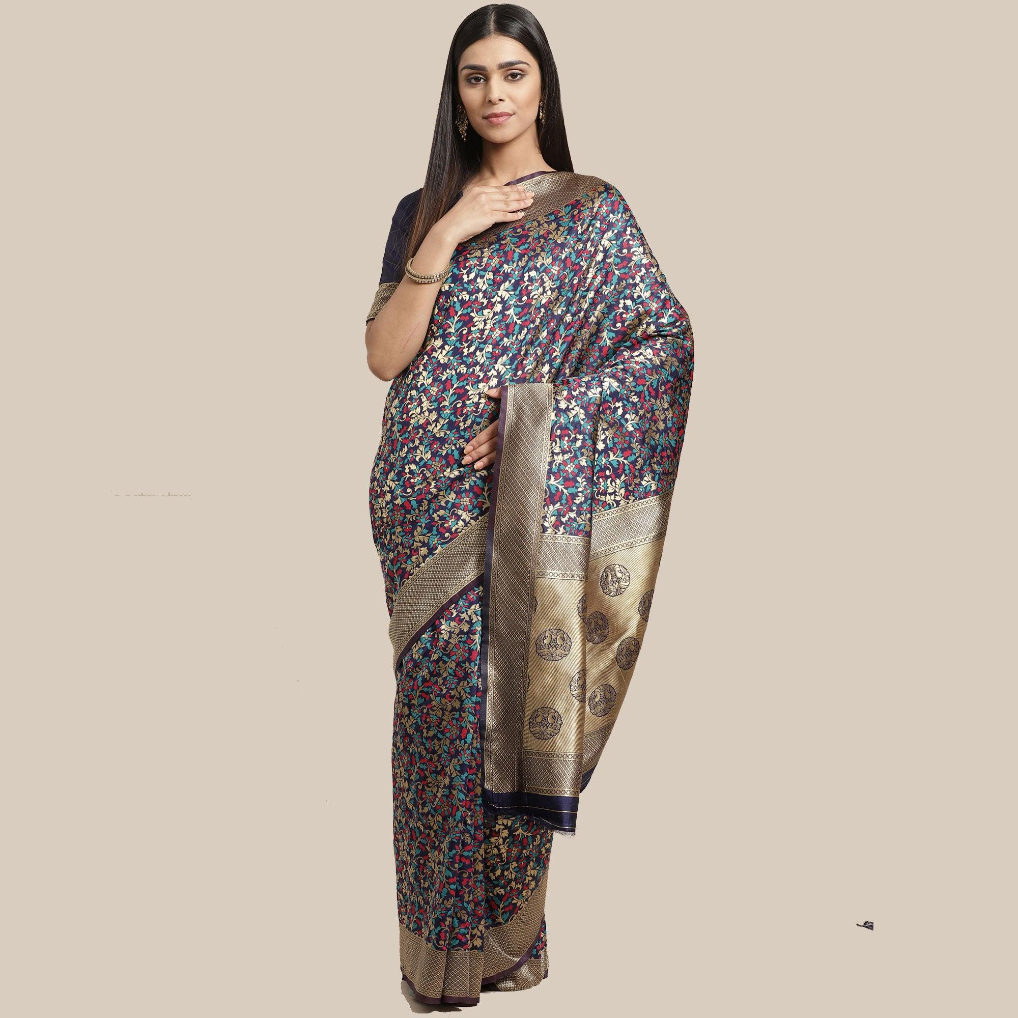 Peachmode Engrossing Navy Blue Colored Festive Wear Woven Silk Blend Saree