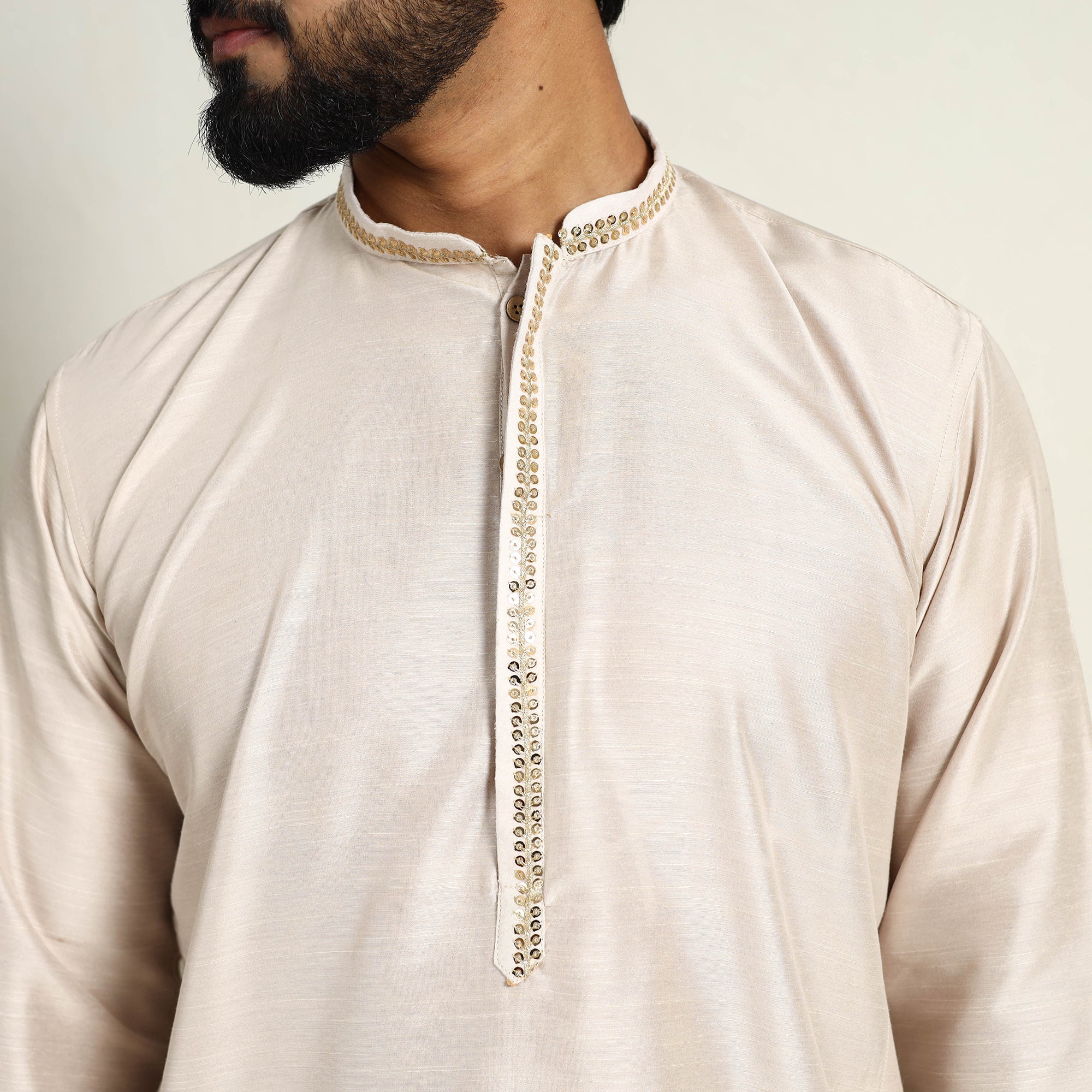 ITOKRI CASUALS Beige - Slub Silk Kurta for Men with Detailed Neckline Work 06 - view 3