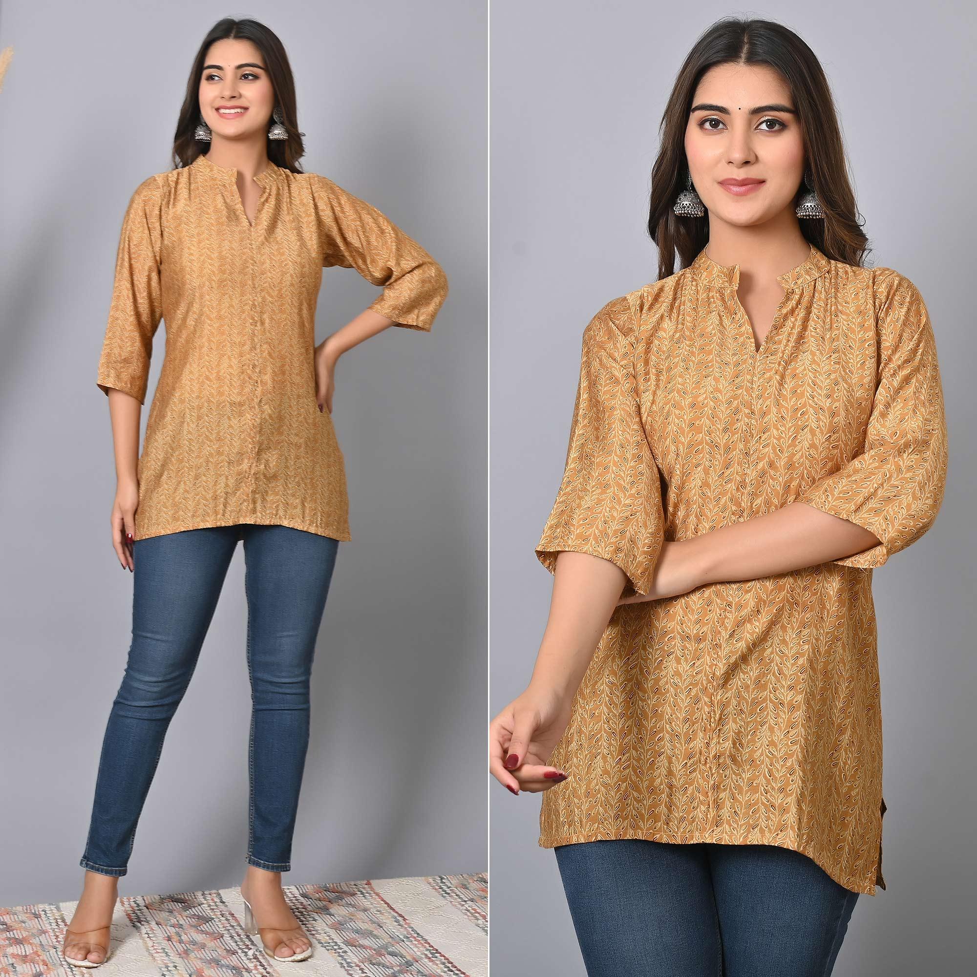 Peachmode Chikoo Colored Floral Printed Chanderi Top