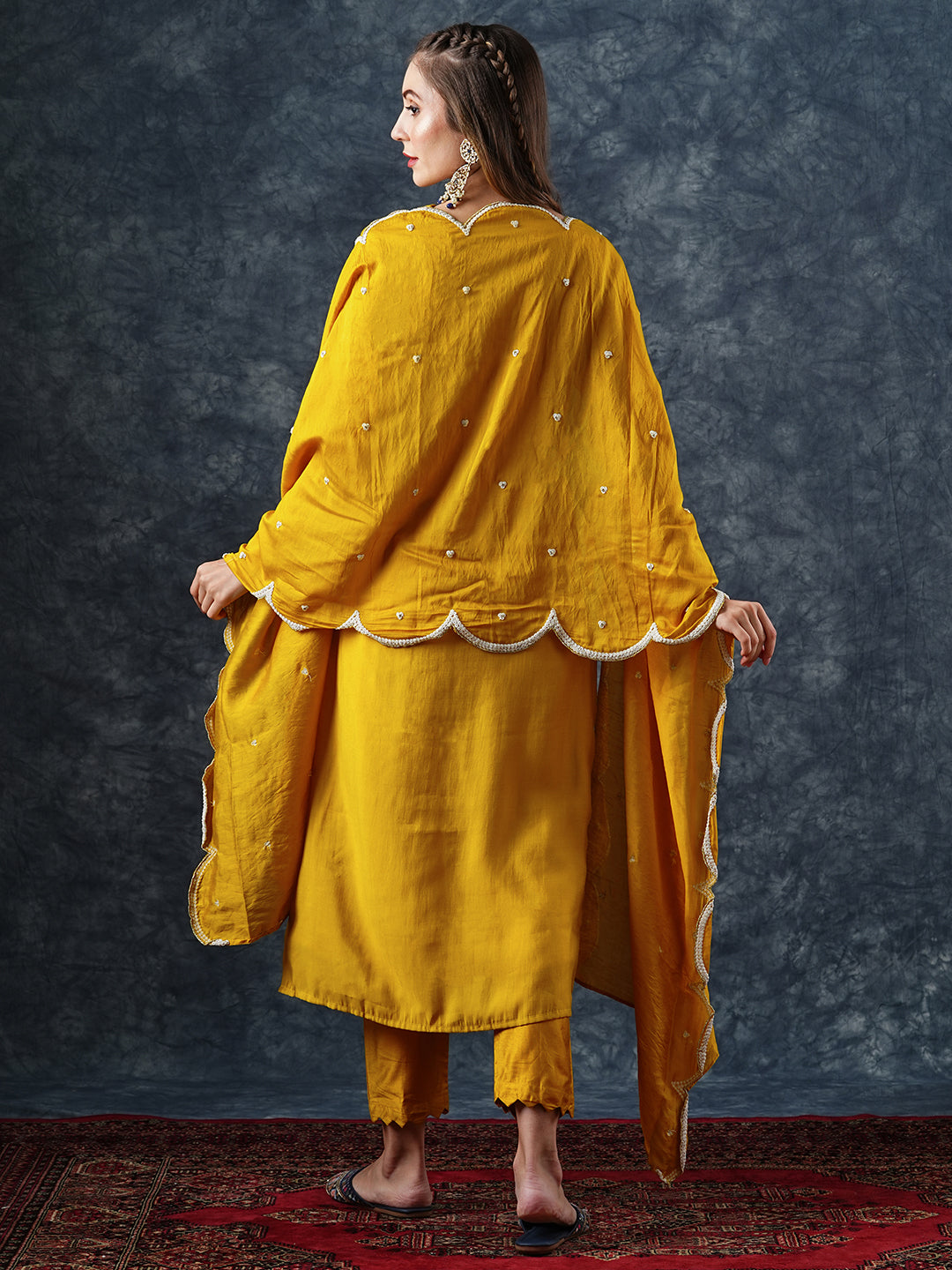 Fashor Solid Floral Dori Embroidered Straight Kurta with Pant & Dupatta - Yellow - view 6